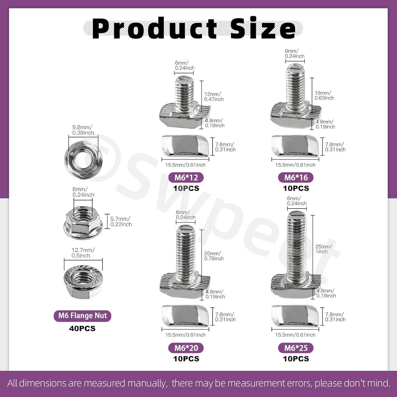 Swpeet 80Pcs 4 Sizes European Standard 30 Series M6 X 12/16/20/25Mm T Slot Drop-In Bolt and Nickel M6 Flange Nut Assortment Kit, Thread T Slot, Drop-In Bolt T-Bolt, Hammer Head Bolt, T Screw Stud image number 6
