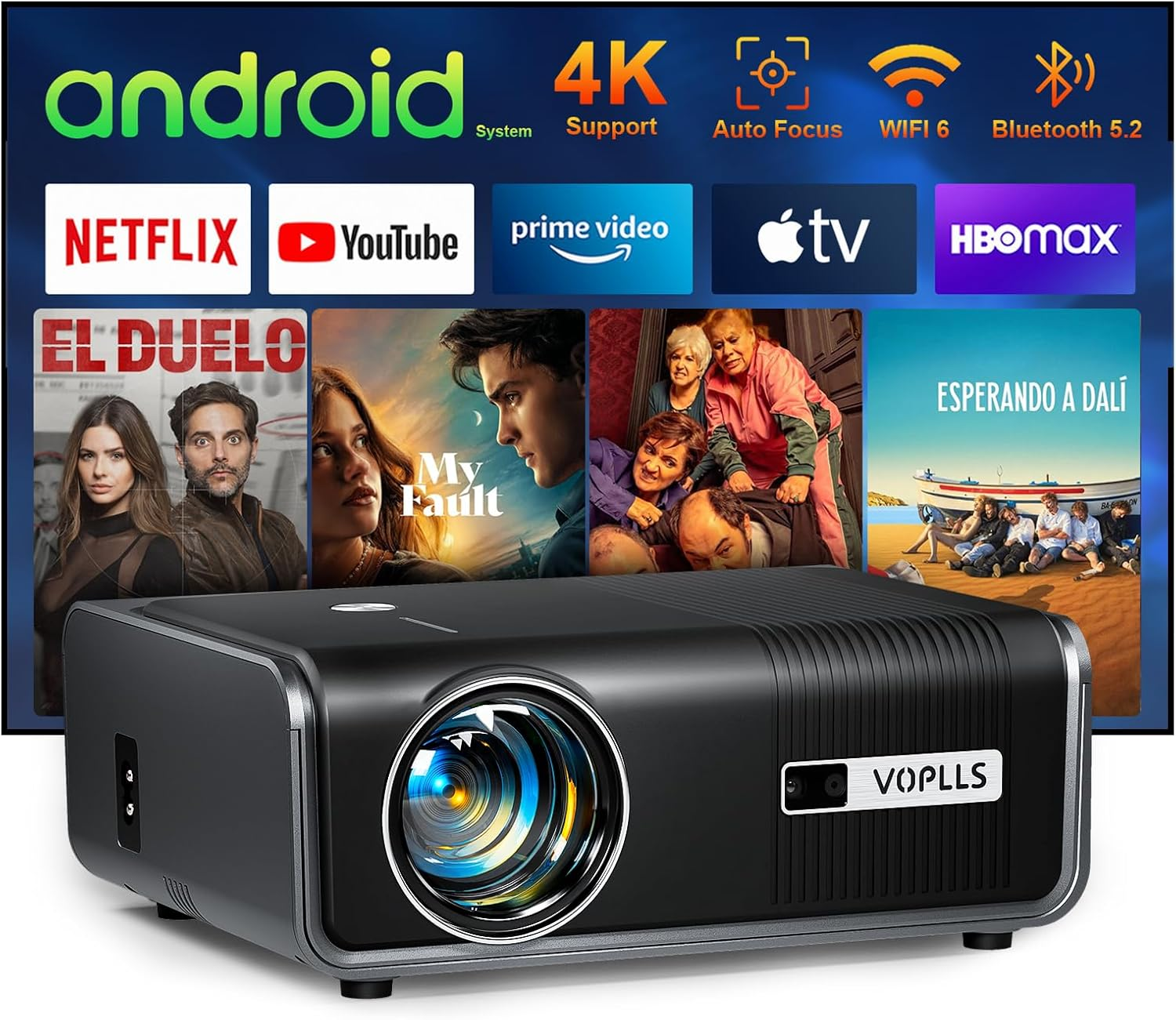[Built-In Apps & Auto Focus/Keystone] Smart Projector 4K with Wifi and Bluetooth, VOPLLS 600ANSI Native 1080P Outdoor Projector, PPT, 50% Zoom Home Theater Movie Projector for Bedroom/Ios/Android image number 3