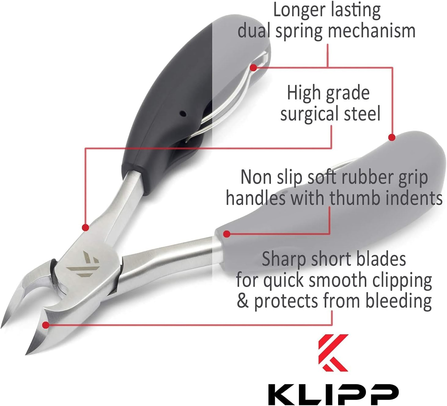 Toe Nail Clippers for Thick Nails &ndash; KLIPP Toenail Clippers Ingrown and Cuticle Nipper Trimmer Made of Rustproof Stainless Steel with Short Curved Blades, Ergonomic TPU Grips and Dual Spring Mechanism image number 1