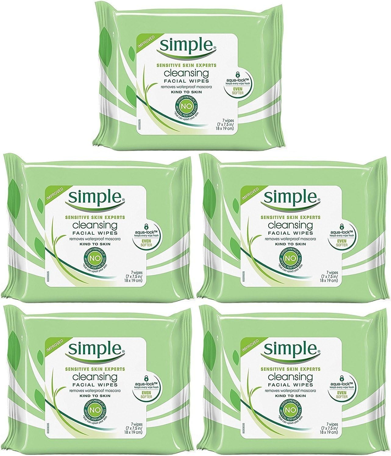 Simple Kind to Skin Cleansing Facial Wipes, Travel Pack, 7-Count (Pack of 5)