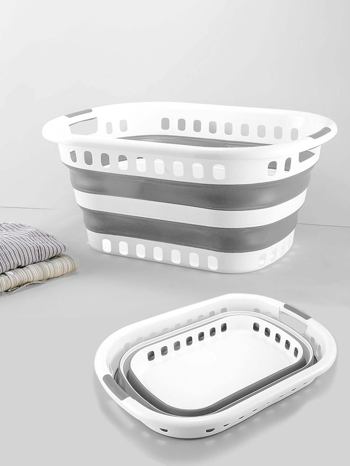 Laundry Basket 40L - White and Blue Space-Saving, Collapsible Storage Laundry Hamper - Foldable Pop up Laundry Basket for Home, Flats, and Apartment Use image number 4