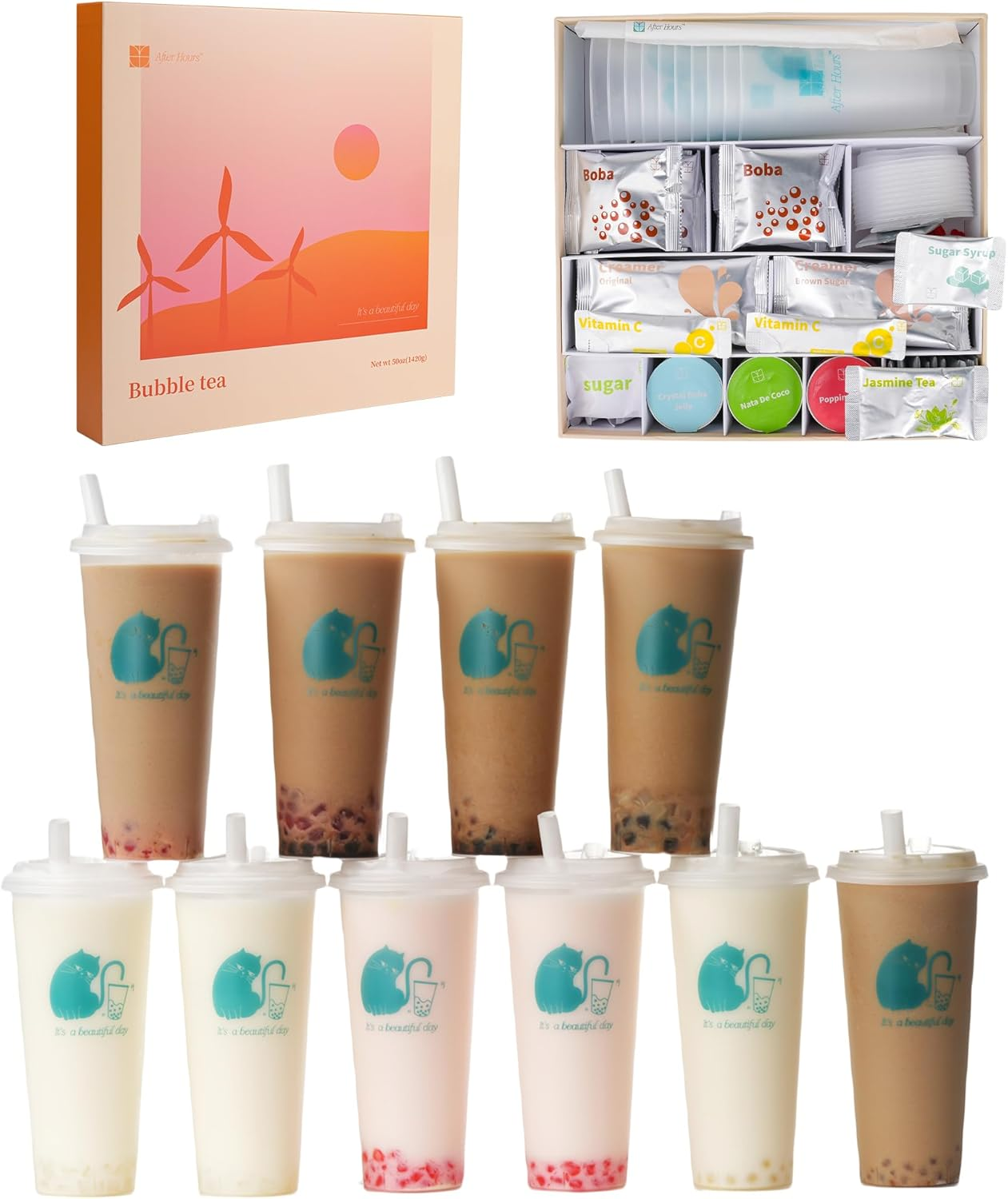 Boba Fruit Tea Kit for Party, 10 Drinks, Natural Tea&Vitamin C Based, Lychee & White Peach with Popping Boba, Grapefruit & Guava with Nata De Coco, Grape Syrup with Crystal Boba Jelly