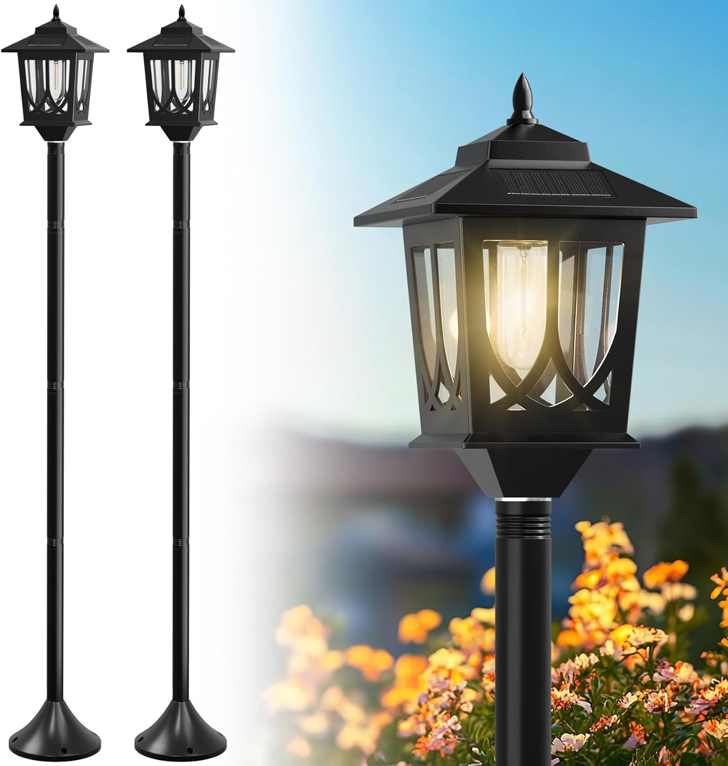 63" Solar Lamp Post Light 2Pack, Solar Light Posts for outside Waterproof, Outdoor Lamps for Patio, Backyard, Front Porch Decor, Warm White, Replaceable Bulb image number 6