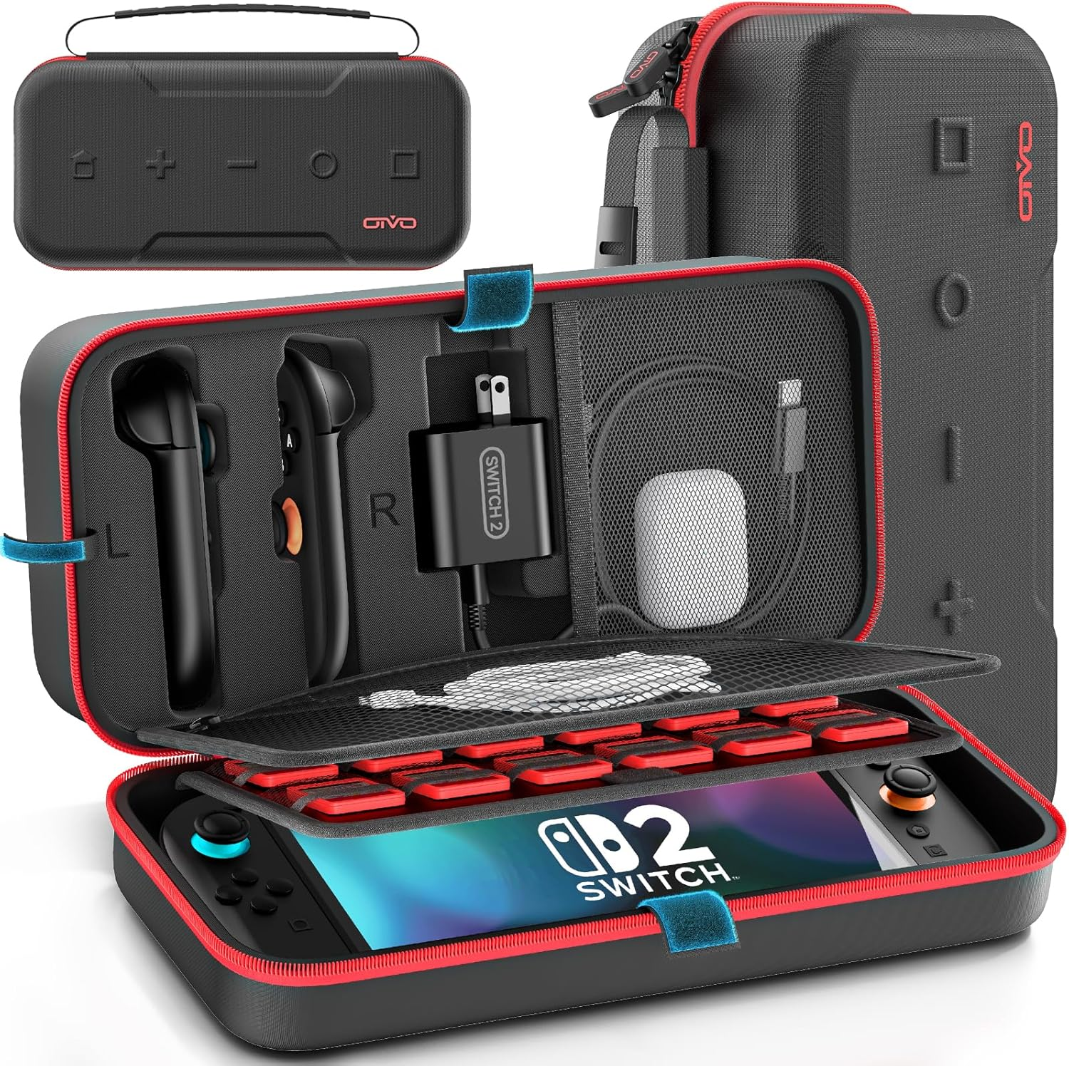 OIVO Switch 2 Carrying Case Compatible with 2025 Nintendo Switch 2, Portable Switch 2 Case Fit for Switch 2 Joycon & Adapter, Hard Shell Protective Travel Bag with 24 Game Slots, Red image number 2