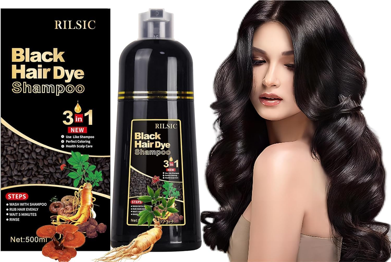 Black Hair Color Shampoo, 500ML Instant Hair Dye Shampoo - 3 in 1 Hair Dye for Grey Hair Coverage - Long Lasting - Natural - Coloring in Minutes for Women Men image number 6