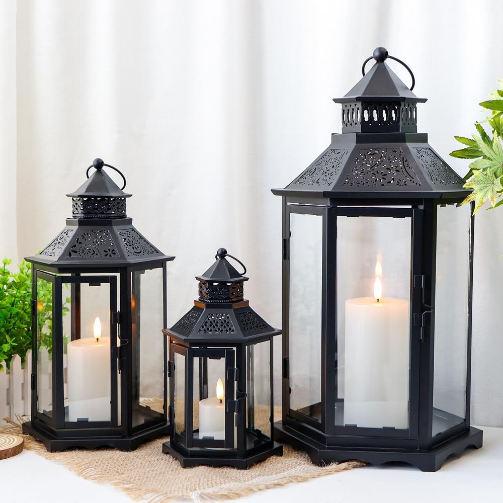 TRIROCKS Set of 3 Decorative Candle Lanterns18''&13"&10" H Hexagonal Candle Holder Vintage Metal Hanging Lantern with Tempered Glass for Garden Patio Wedding Event Indoors Outdoors(Black)