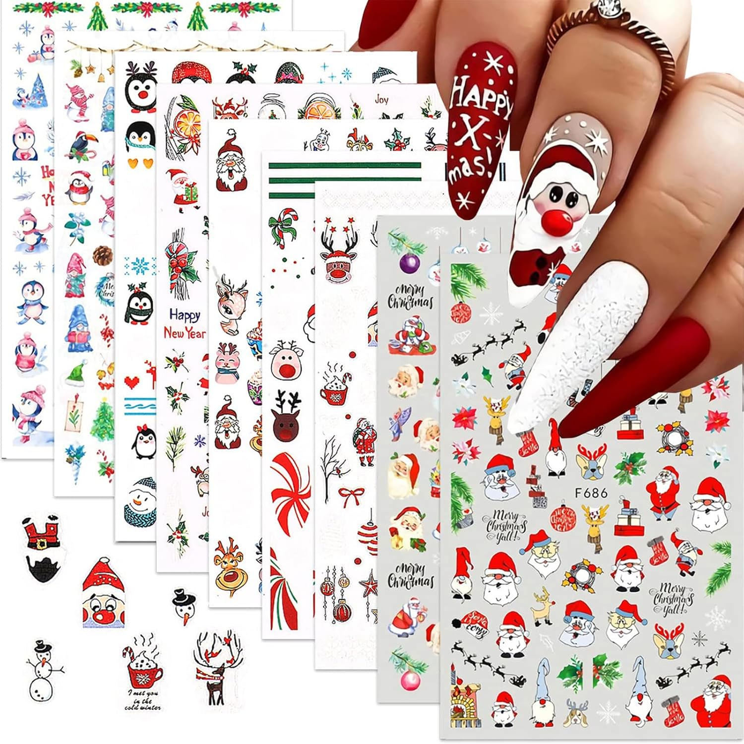 Christmas Nail Stickers 3D Self-Adhesive Nail Art Stickers for Women, Girls & Kids - Santa Claus, Snowman, Penguin & Elk,Nail Art, DIY Christmas Decoration, for Natural & Acrylic Nails(9 Sheets) image number 1