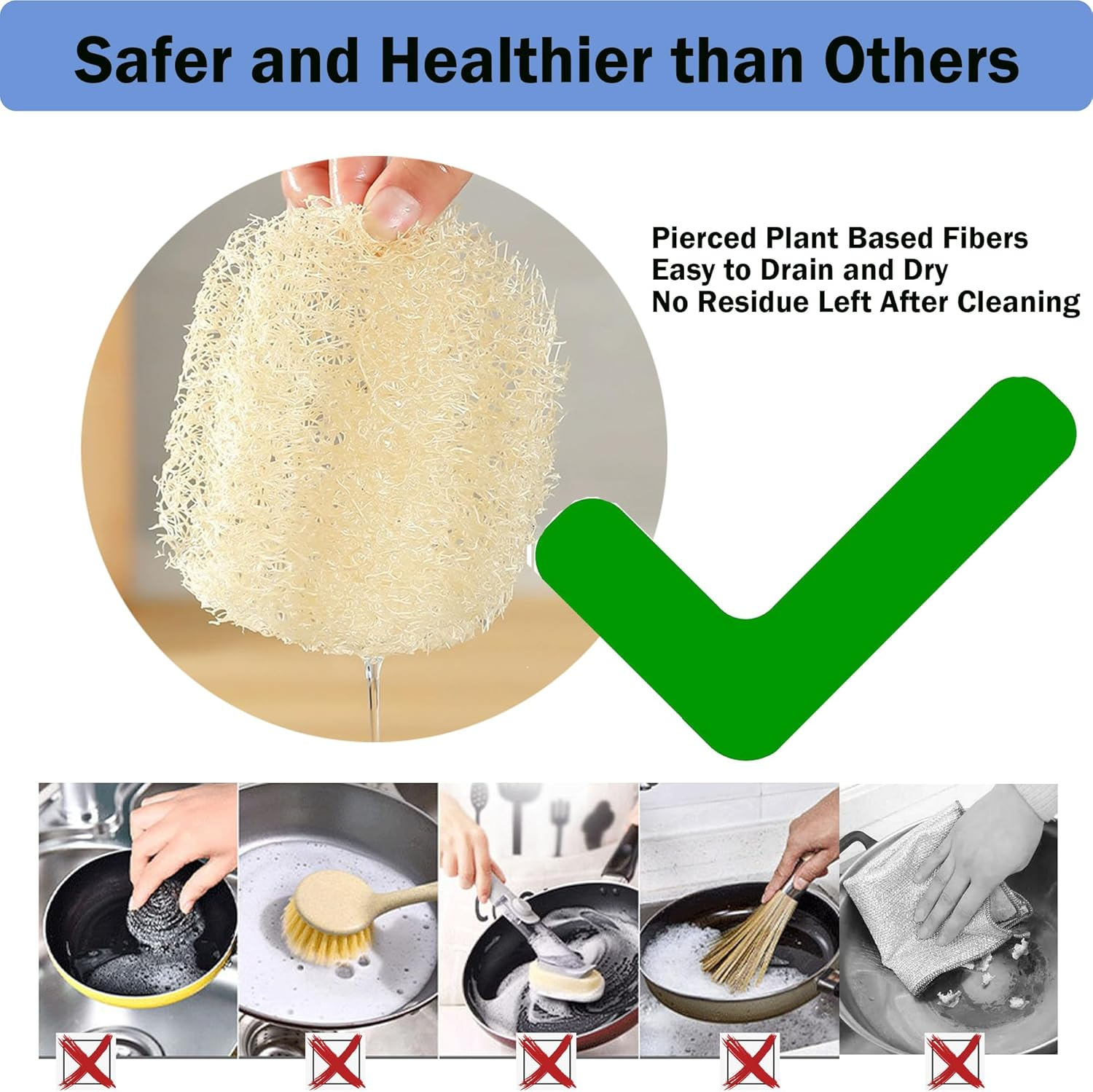 HONSVA Natural Loofah Kitchen Sponge (6 Pcs) No Scratch Brush for Dishwashing, 100% Plant Fibers Vegetable Scrubber, Zero Waste and Eco Friendly Loofa, Rectangular, Large image number 6