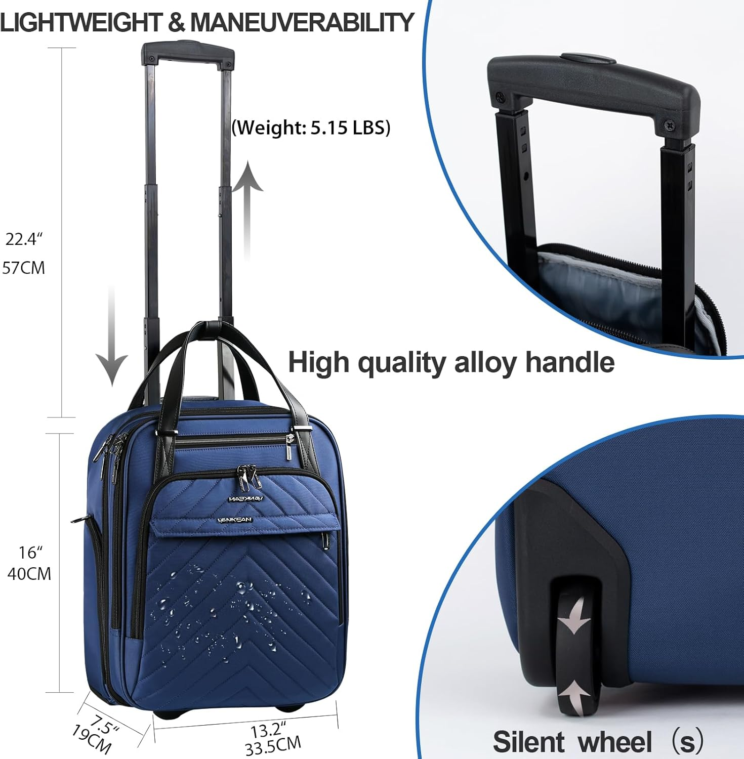 VANKEAN Carry on Underseat Multi-Functional, 16-Inch Underseater Lightweight Overnight Suitcase for Men Women image number 3