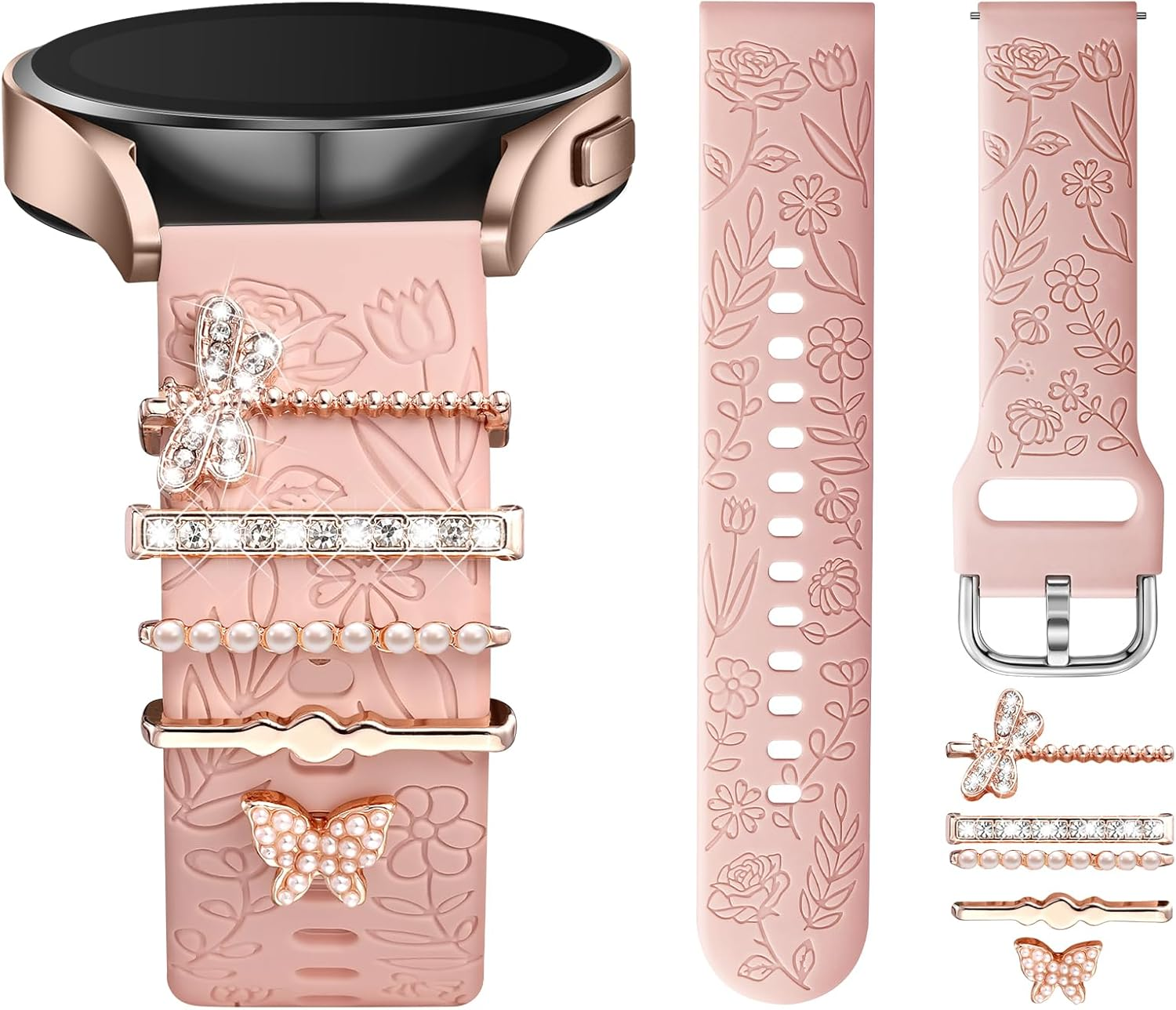 Getino Flower Engraved Band Compatible with Samsung Galaxy Watch 7 Band/Fe 6 5 4 40Mm 44Mm,Galaxy Active 2, 20Mm Watch Band Soft Silicone Replacement Strap with Decorative Charms Accessories Women - Milktea Love image number 7