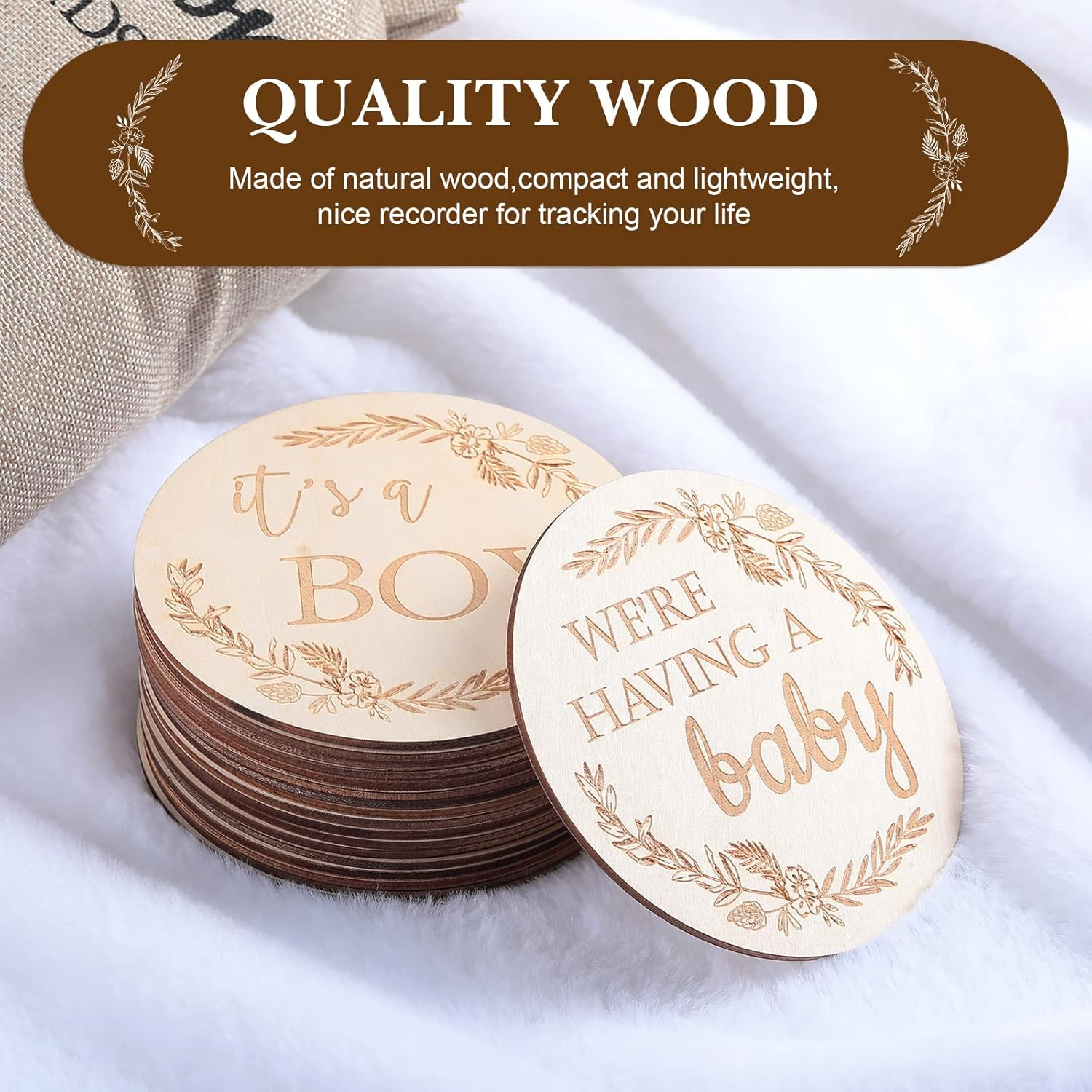 19 Pieces Pregnancy Milestone Signs Weekly Baby Bump Tracker 4.7" Milestone Cards Wooden Discs Double Sided Pregnancy Weekly Signs Neutral Baby Announcement Cards with Bag for Pregnant Moms