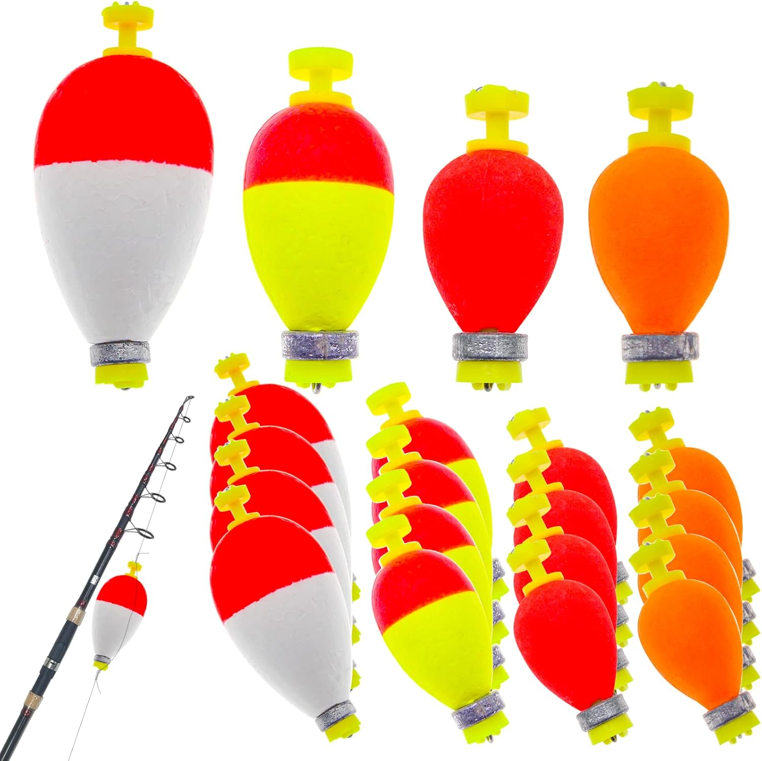 Gefischtter Fishing Bobbers and Floats Set - Foam Snap-On Float, Weighted Push Button Spring Oval Assortment