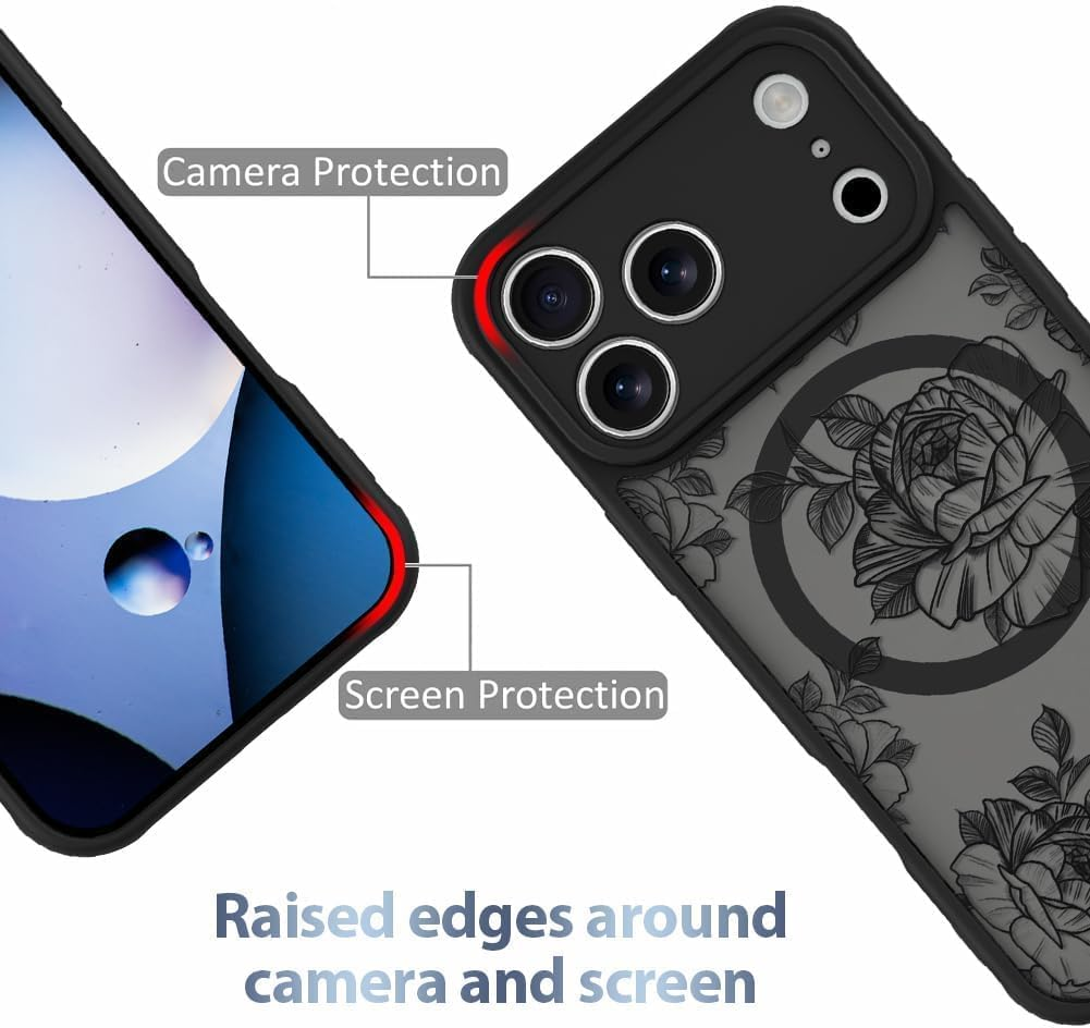 ELEPIK Black Floral Series for Iphone 17 Pro Max Case, [Compatible with Magsafe] [Military Shockproof Protection] Flower Pattern Design Phone Case for Women Girls Slim Magnetic Cover, Black Rose image number 4