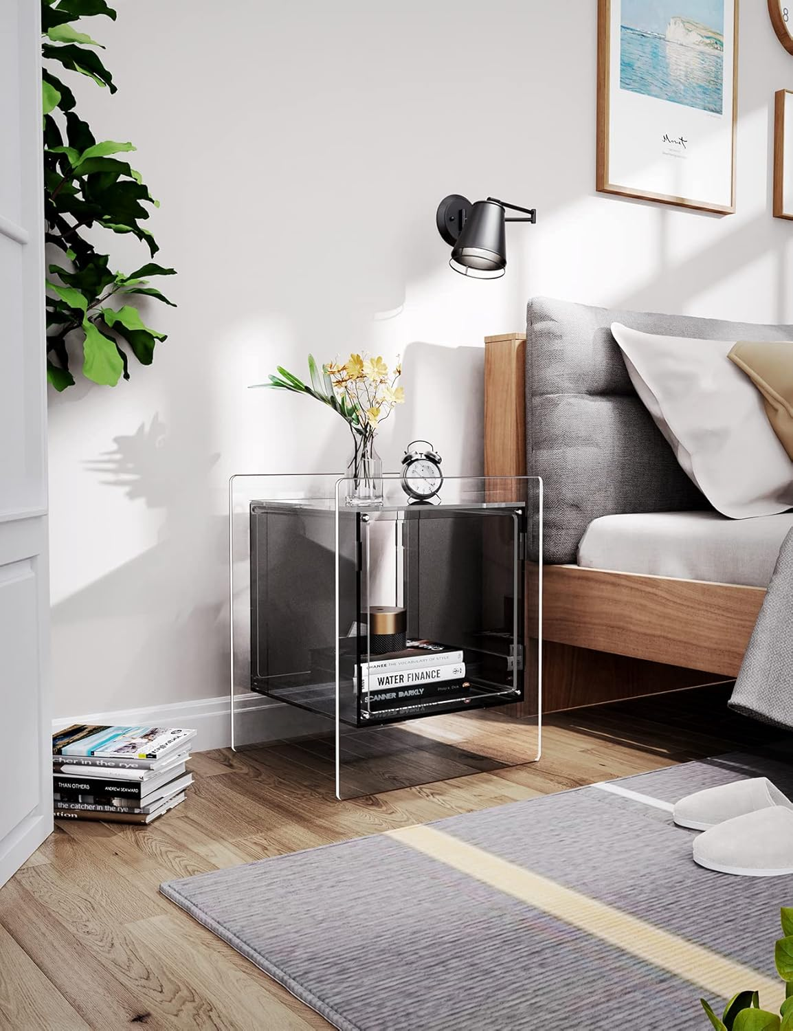 Acrylic Side Table, Nightstand Bedside Table, Record Player Stand, Multifunction Tables, 46 X 40 X 55 Cm (Black) - Green image number 4