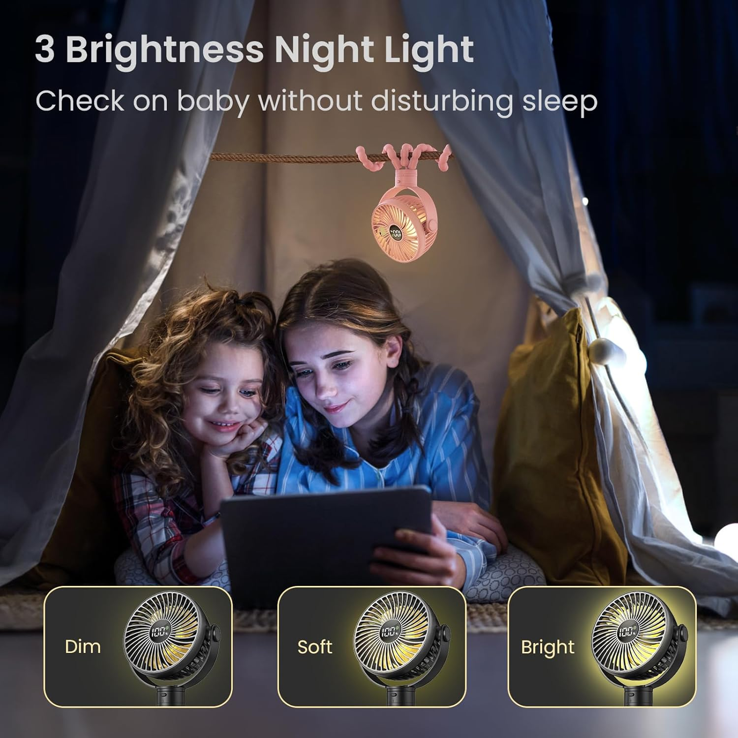 Tripole Portable Pram Fan 4000Mah Rechargeable Stroller Baby Fan 25H Battery Life, Head Detachable Mini Clip on Fans, 4 Speed Personal Desk Fans with Night Light for Car Seat Crib, Black (Pink) image number 1