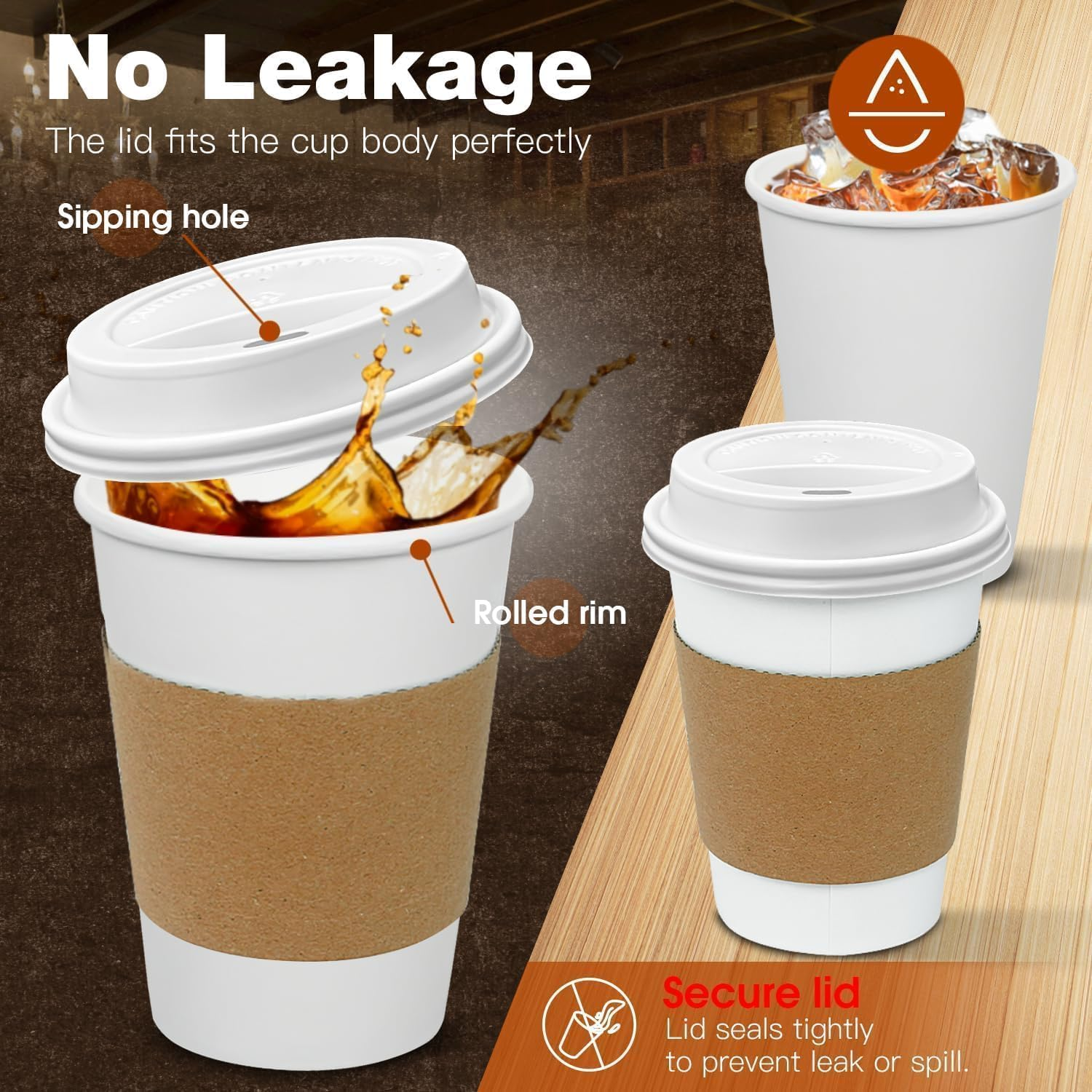 50 Pack 12 Oz Disposable Coffee Cups with Lids and Sleeves Leak-Proof White Paper Cups, Insulated to Go Hot Beverage Cups, White image number 6