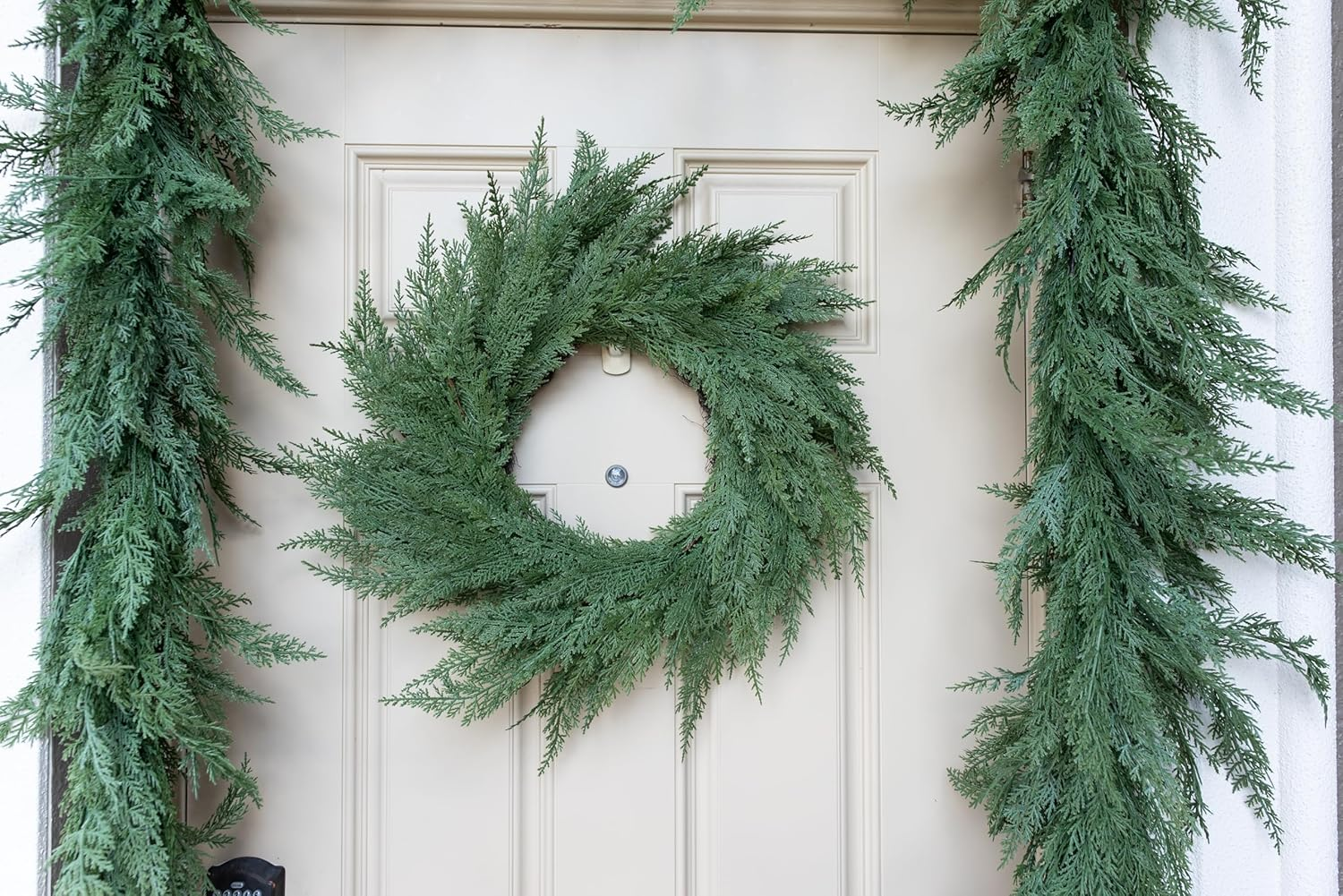 24" Artificial Cedar Wreath - 24 Inch Faux Cedar Wreath, Festive Green Wreaths for Front Door and Wall, Realistic Christmas Wreath, Indoor Holiday Decor for All Year Round image number 5