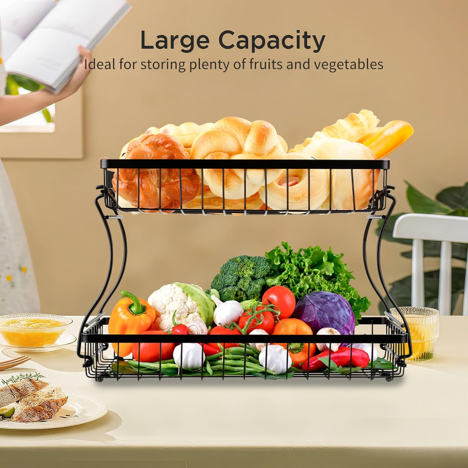 VINATO Fruit Basket, Fruit Stand 2 Tier with Wooden Handles for Kitchen, Bathroom & More - Fruit Stand, Vegetable & Kitchen Organisation, Snack Organiser, Black image number 2