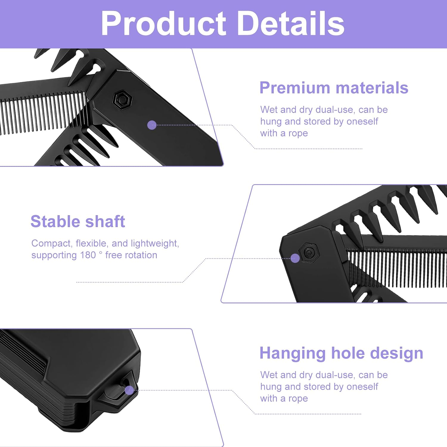 3-In-1 Folding Comb, Men'S Portable Hair Comb with Fine Tooth and Wide Tooth Comb, Beard and Moustache Styling, Foldable Travel Comb, Compact for Daily Hair and Beard Care (Black) image number 2