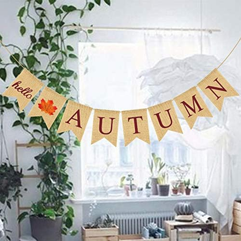 Weforu HELLO AUTUMN Burlap Banner Linen Garland Hanging Banner Bunting for Party Autumn Decorations image number 2