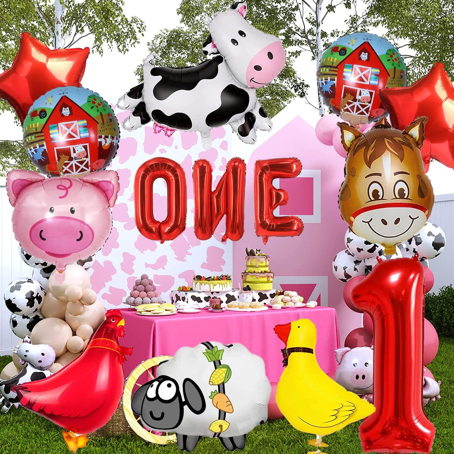 14 PCS Farm Animal Balloons Cow Sheep Duck Rooster Pig Donkey Balloons Barnyard Balloon Supplies with Large Number 1 Foil Balloon for Farm Animal Theme 1St Birthday Party Decor Supplies image number 5
