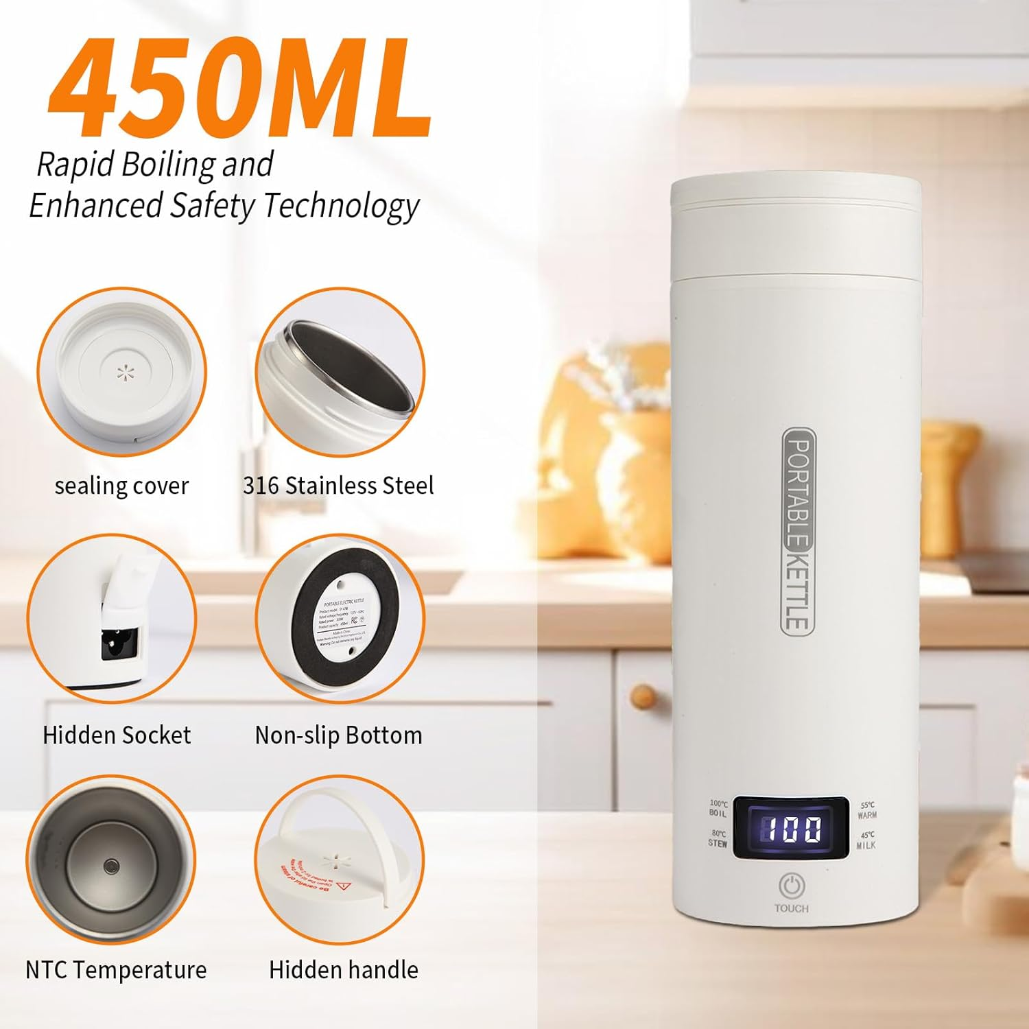 Travel Kettle Portable Small Tea Coffee Kettle Water Boiler, Electric Water Heater with 4 Temperature Control,316 Stainless Steel with Auto Shut-Off & Boil Dry Protection, Bpa-Free image number 4