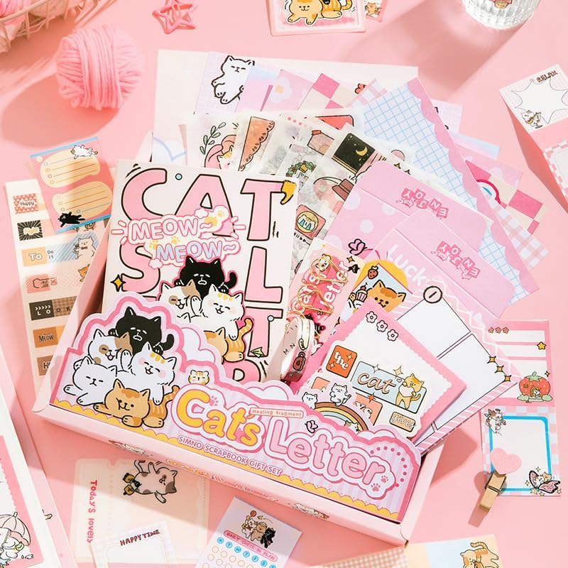 PRSTINCOL Pink Cute Cat Scrapbooking Kit,Kawaii Stationery Scrapbook Supplies Kit with Cat and Dessert Theme for Junk Journal, Bullet A6 Grid Notebook for Adult Teen Girl DIY Gift Kit for Girls image number 2