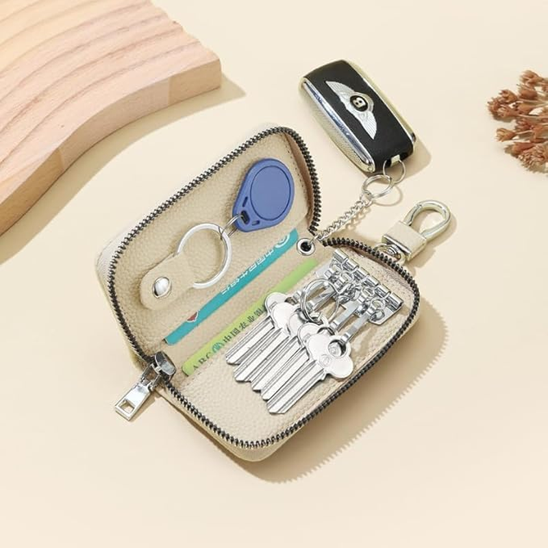 Car Keychain Key Bag,Multi-Functional Car Home Key ID Card Bank Card Organizer Bag with Zip and Rotatable Hook (Pink) image number 2