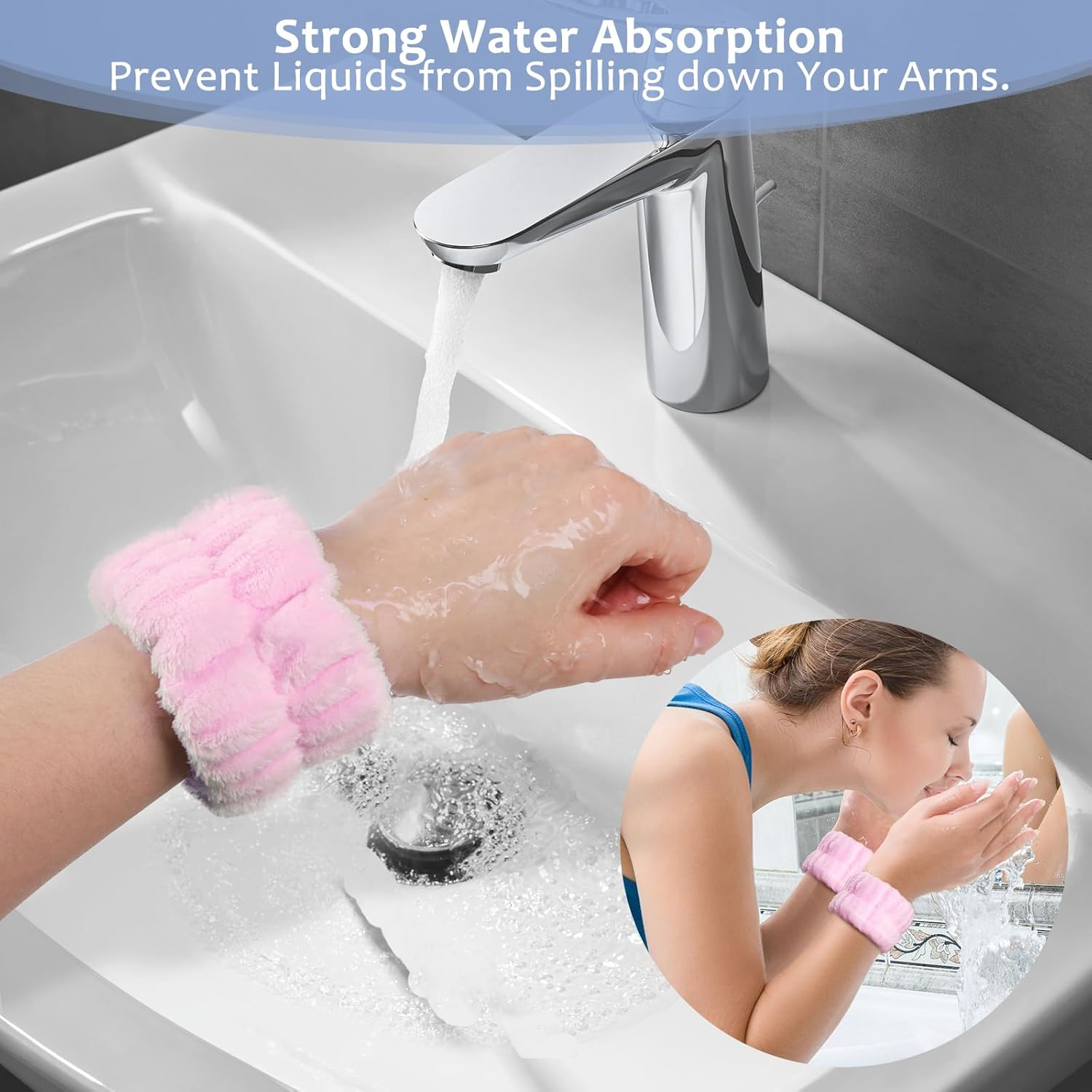 Bighan Spa Makeup Headband Set, Headband Skincare Headband for Woman, Face Wash Wristband and Bowknot Hair Band, Facial Wrist Towel Washbands for Women Girls, Pink - Blue image number 4