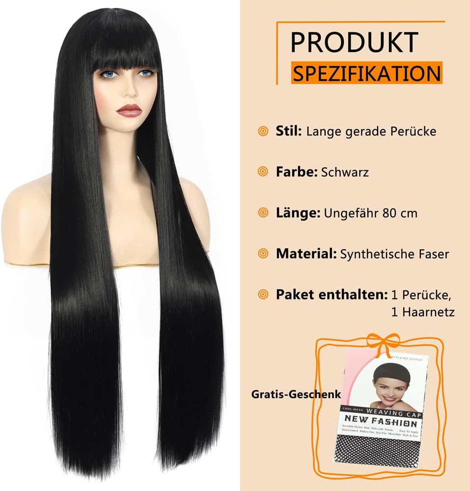 Wig Black Long Straight Wig for Women, Synthetic Fibre Smooth Wigs with Fringe for Women, 80 Cm Long Straight Black Synthetic Wig with Fringe Bangs for Women image number 5