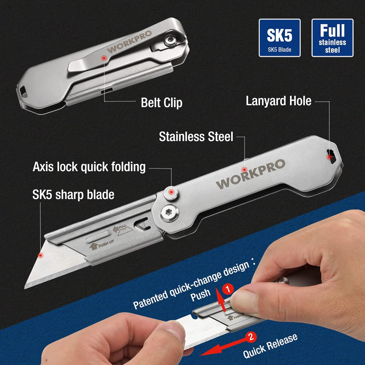 WORKPRO 3-Pack Folding Utility Knife, Quick Change Blades Box Cutter, EDC Foldable Pocket Utility Knife Sets with Belt Clip image number 1