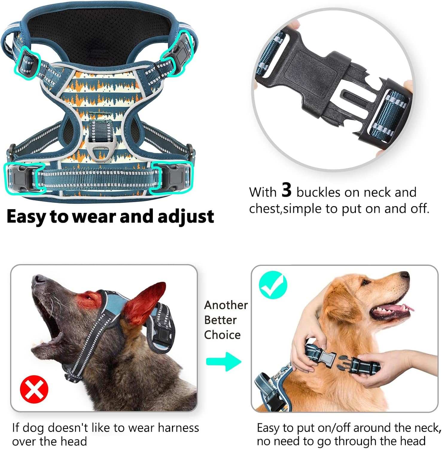 Timos Dog Harness, 3 Snap Buckles No-Pull Soft Padded Dog Vest with 2 Metal Leash Clips, Adjustable Reflective No Choke Pet Harness with Easy Control Handle for Small Dogs, Sunset Valley, S image number 3