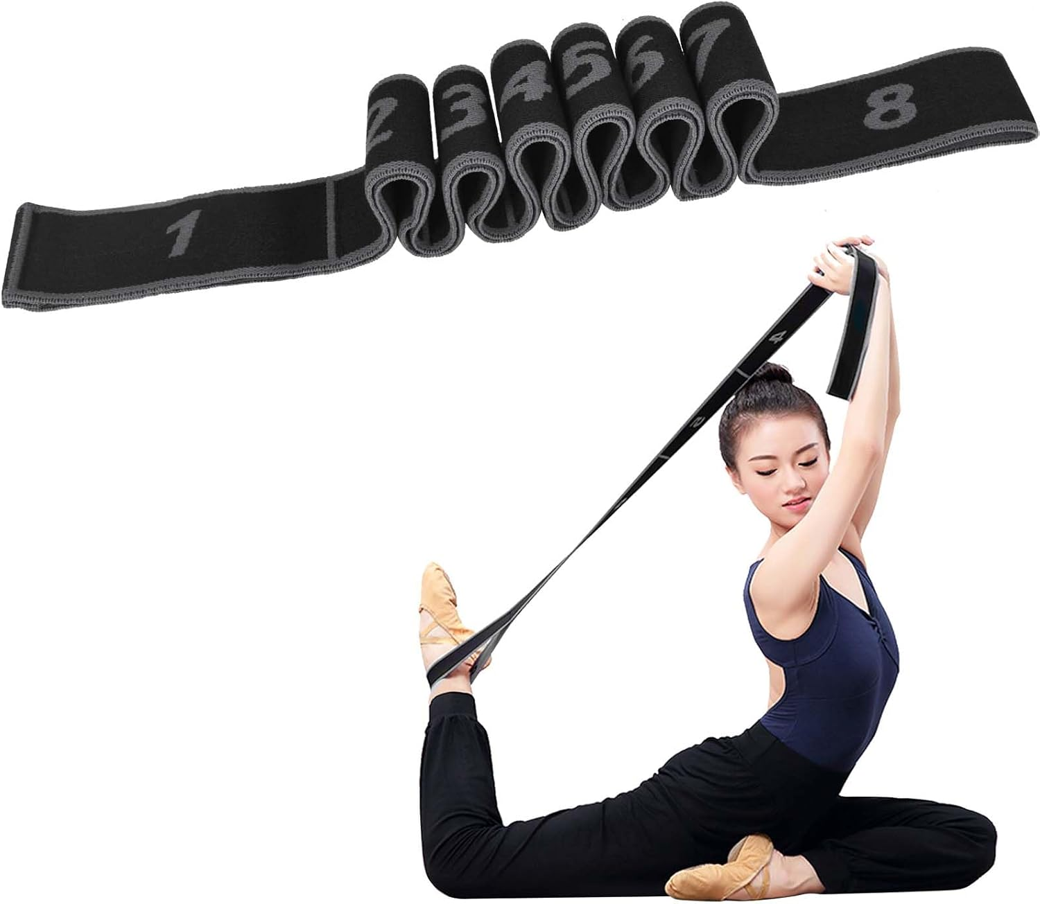 Yoga Stretching Strap, Stretching Band with 8 Loops, Yoga Stretch Strap, Fitness Stretch Band, Highly Elastic Gymnastics Band for Pilates, Dance, Gymnastics, Effective Stretching (Grey) image number 2