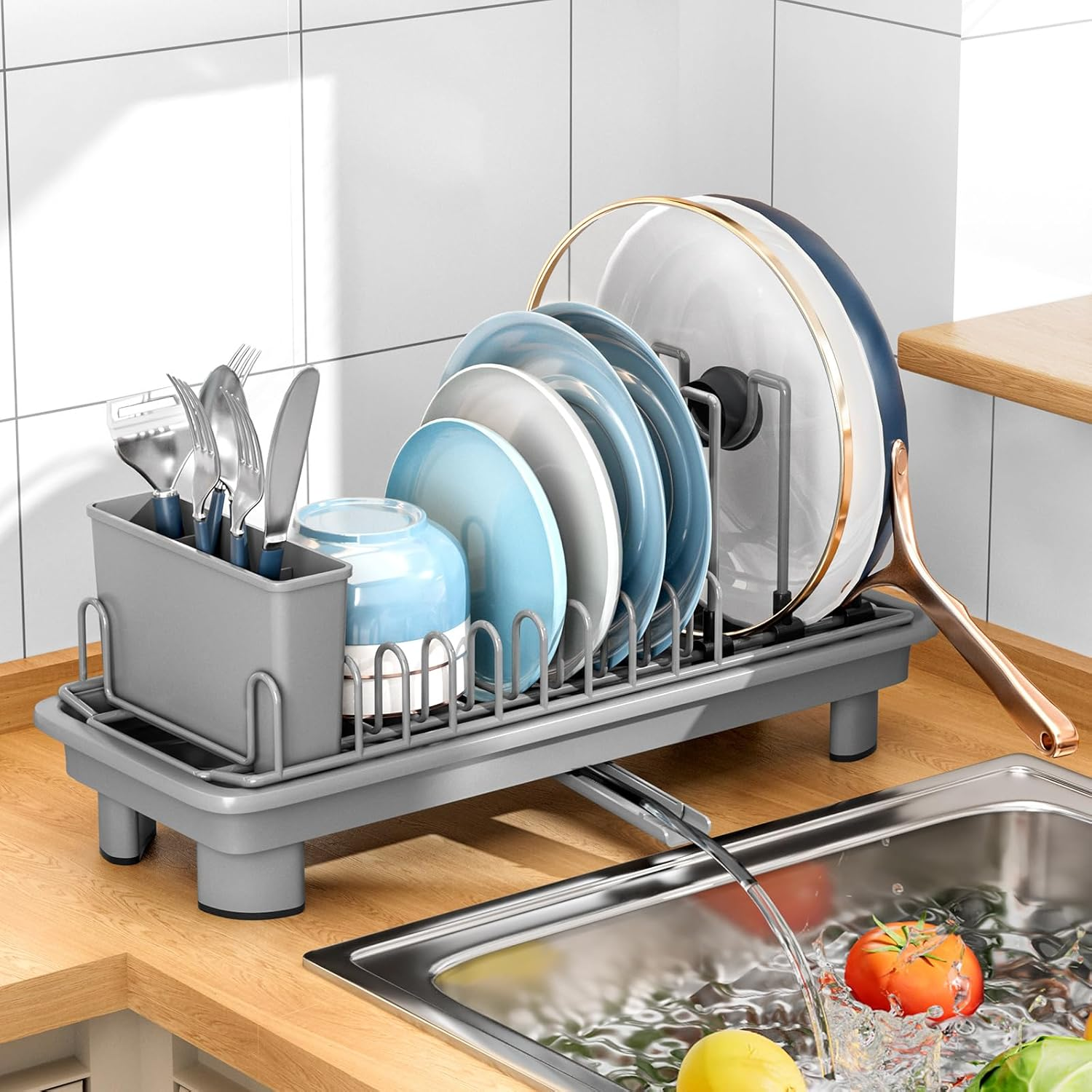 Sandream Small Dish Drying Rack, Compact Dish Rack for Kitchen Counter with Removable Cutlery Holder, 360&deg;Rotating Spout, Multifunctional Stainless Steel Dish Drainer, Space Saving