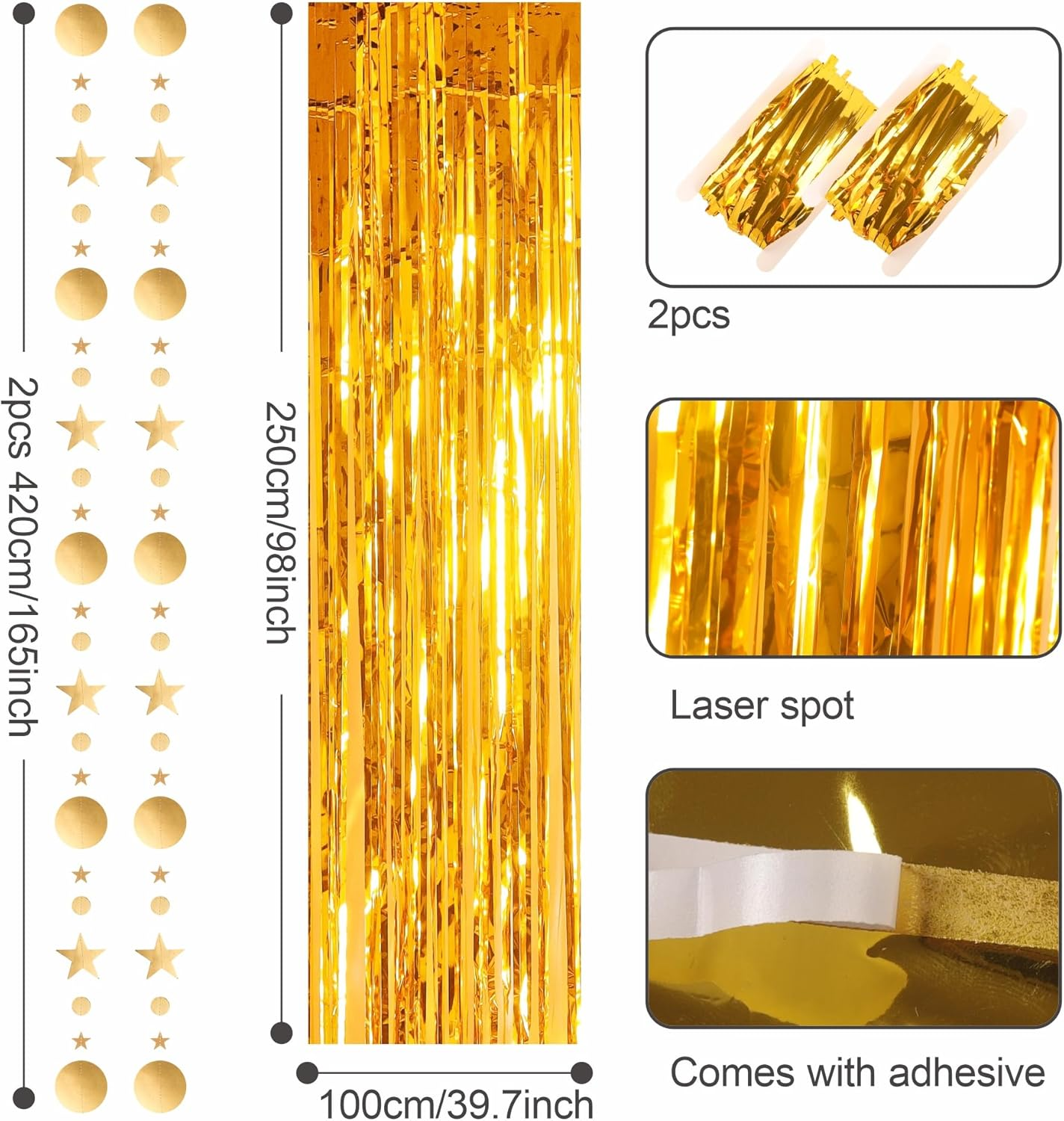 3.2X8.3Ft Glitter Tinsel Curtain Hanging Decorations Set, Door Tinsel Foil Fringe Curtain Streamers for School Graduation Birthday Hen Photo Banner Christmas Party (Gold) image number 2