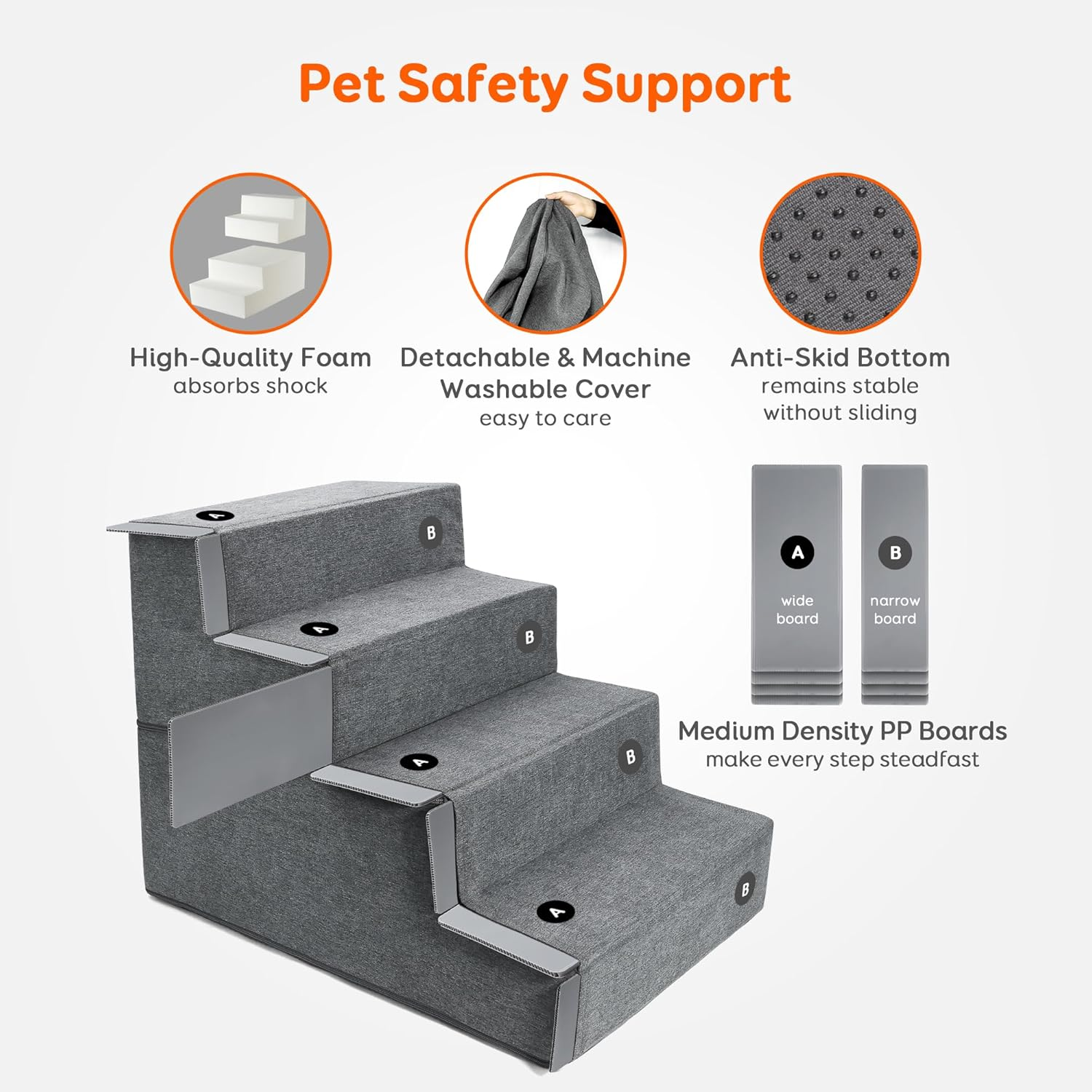 Dog Stairs & Steps for Small Dogs Cats Holds up to 25Kg, Pawque Pet Steps for High Bed Couch, Shock Absorbing Foam with High-Strength Boards for Pet Safe, Non-Slip Removable Washable Cover, 4 Step-Grey ( 45Cm High) image number 3