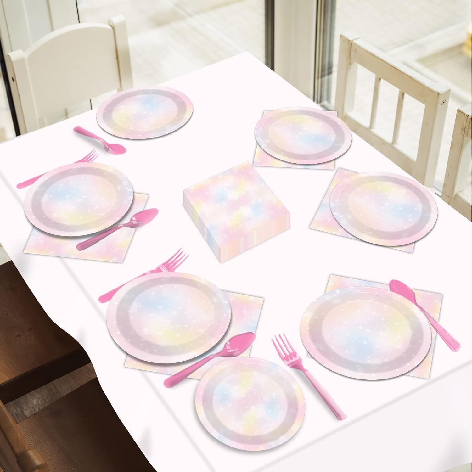 96PCS Pastel Rainbow Tableware Set Rainbow Birthday Dinnerware Plates Rainbow Cloud Party Plates Forks for Birthday Weddings Party Decorations Supplies 24 Guests image number 4