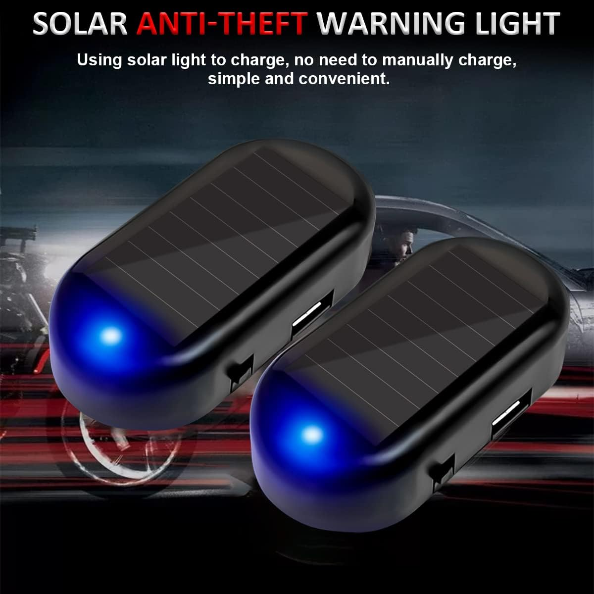 Car Solar Power Simulated Dummy Alarm, Anti-Theft LED Flashing Security Light Fake Lamp, Automotive Warning Interior Safety Lights with USB Charger Port, Car Accessories for Most Cars (Blue/1Pcs)