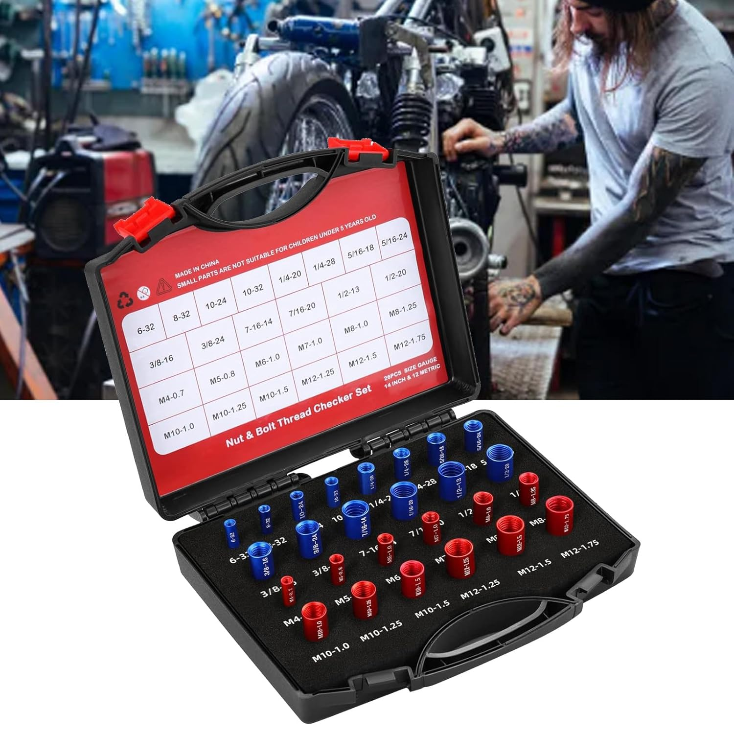 26Pcs Nut and Bolt Thread Checker, Nut and Bolt Measurement Tool Set, Nut Bolt Thread Size Identifier Gauge Tool with a Storage Box, for Maintenance Repair image number 1