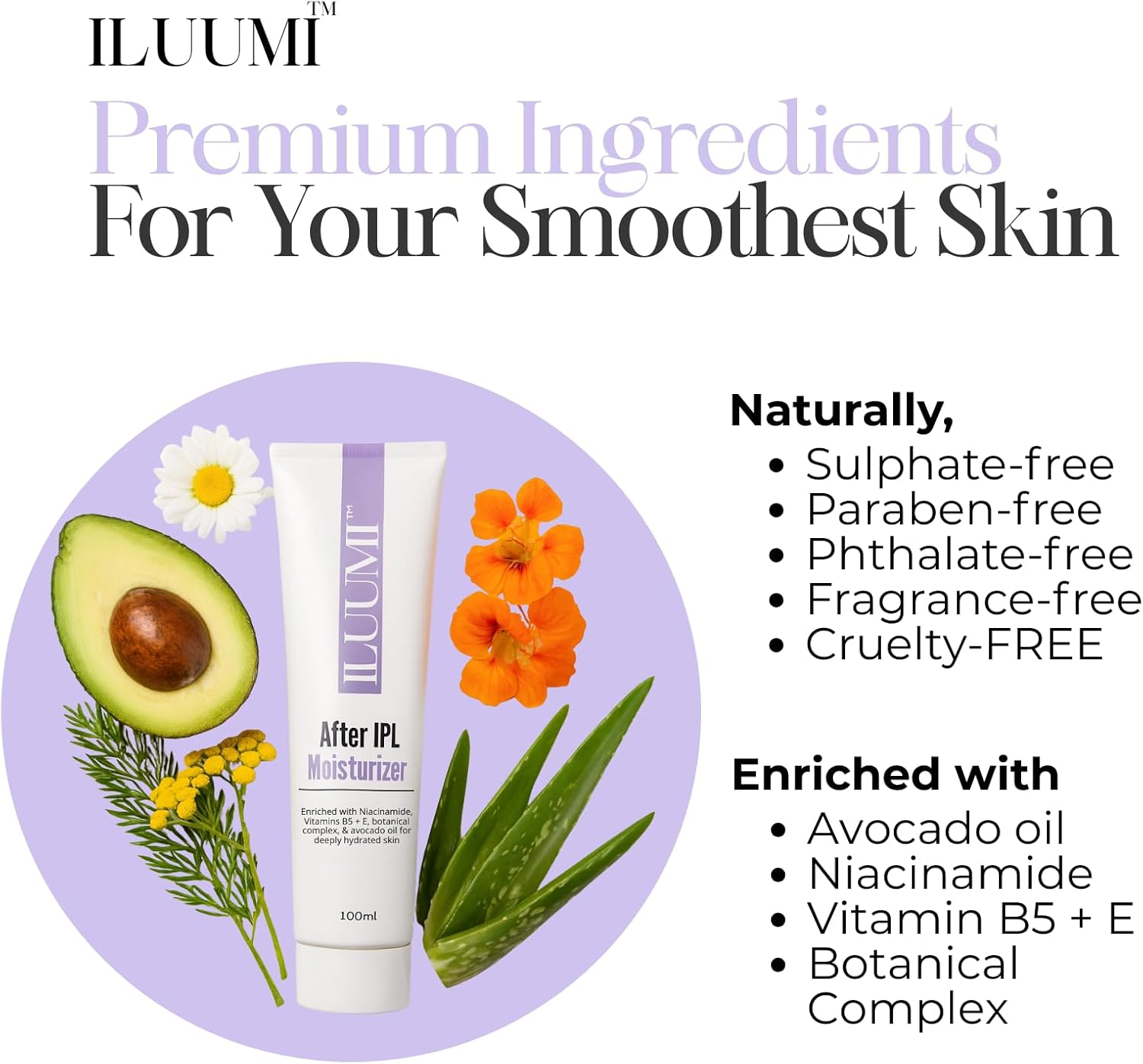 ILUUMI Soothing after IPL Cream, Cooling Moisturiser for Post Laser/Ipl Hair Removal, Aloe Vera & Natural Extracts, Hydrating Skin Repair Moisturiser for Women& Men, Face & Body Use, 100Ml/3.38 Fl Oz.
