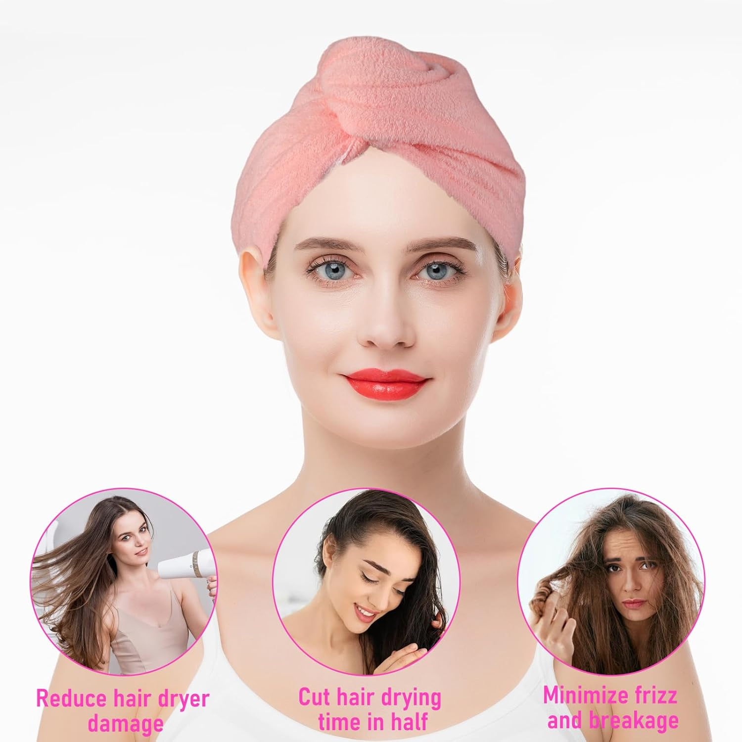 Pack of 2 Microfibre Hair Towels, Pink Purple Thickened Hair Turban for Drying Hair, Turban Towel with Button, Super Absorbent, Quick-Drying Hair, Soft Twisted Hair Towel for Women Children