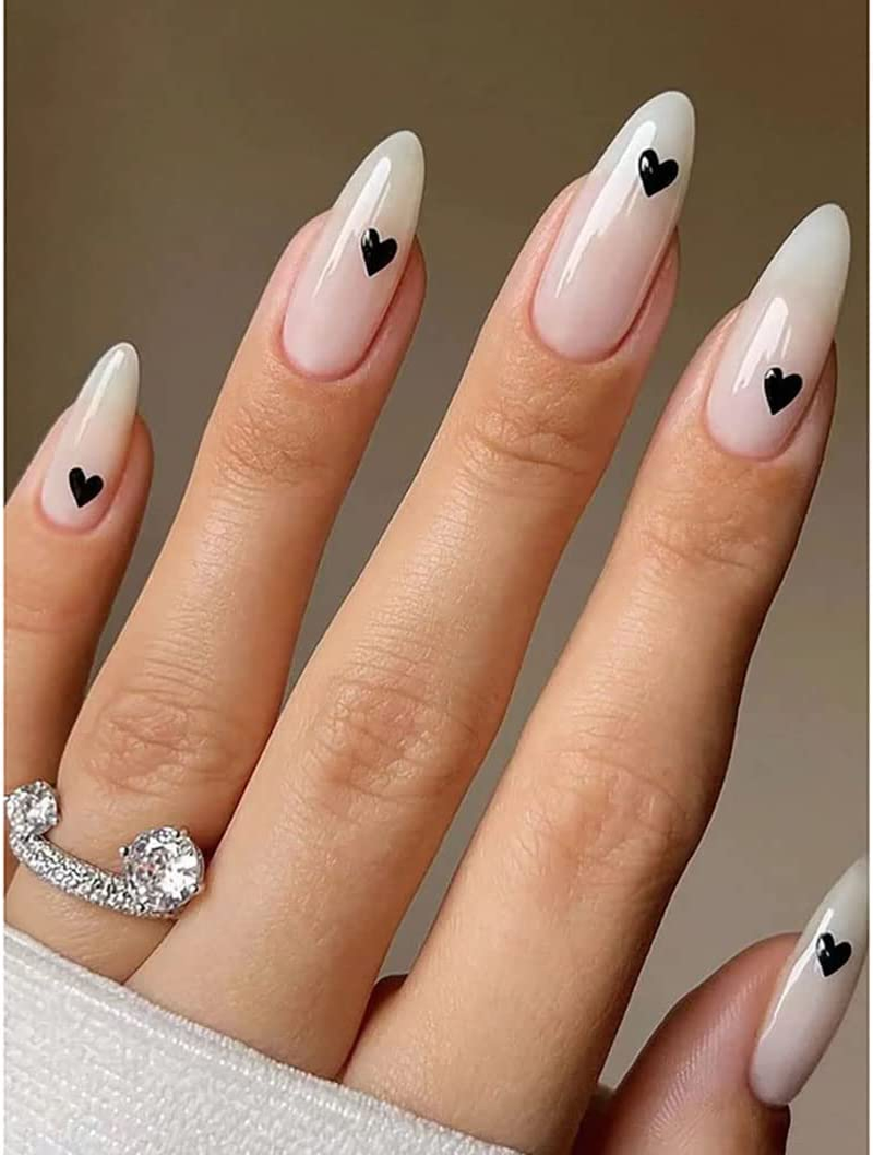 Rikview Almond Press on Nails Medium Length Fake Nails with Heart Design White & Clear Nails for Women and Girls image number 3