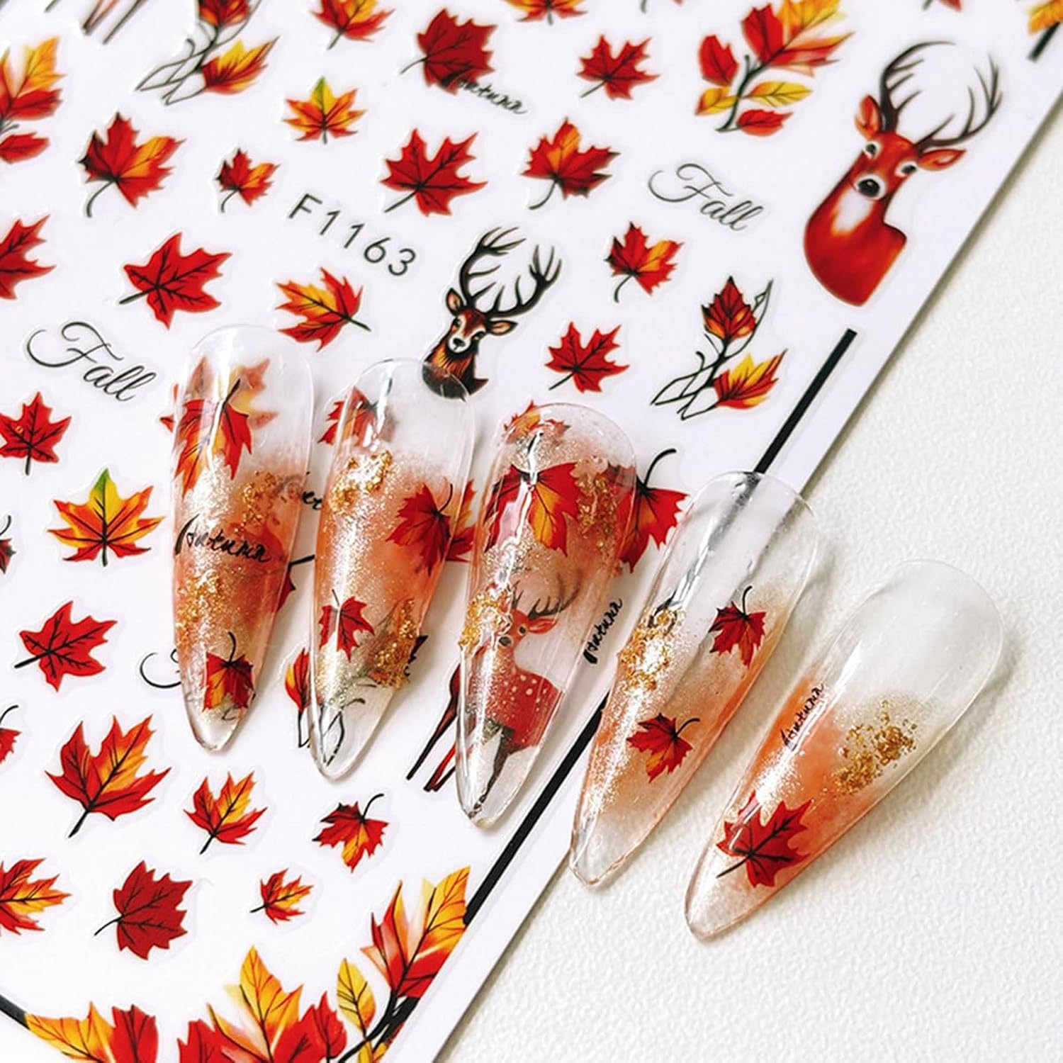 Fall Nail Art Stickers Autumn Maple Leaf Nail Decals 6PCS Autumn Leaves Deer Design 3D Self-Adhesive Nail Art Decorations Supplies Fall Stickers for Nails Women Thanksgiving Day DIY Manicure Decor image number 1