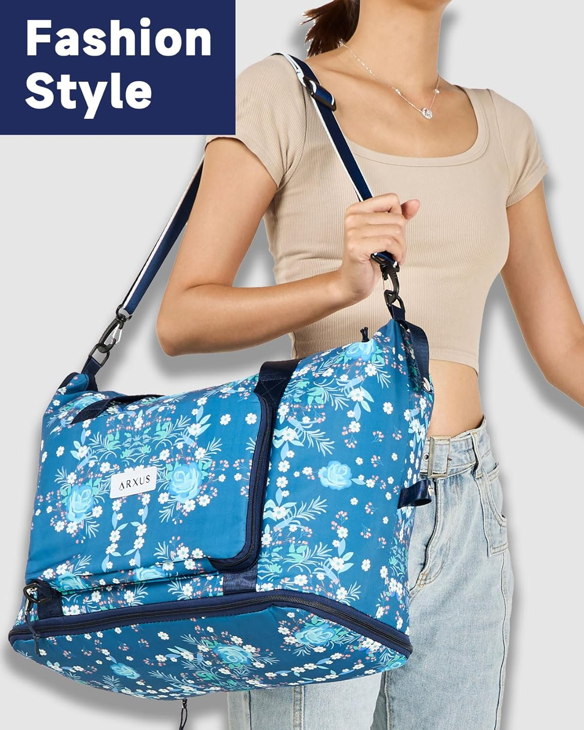 Arxus Large Folding Travel Duffle Bag, Expand Carry on Overnight Tote Bags for Women Airplanes with Luggage Sleeve, Waterproof Gym Weekend Bag with Wet Pocket image number 3