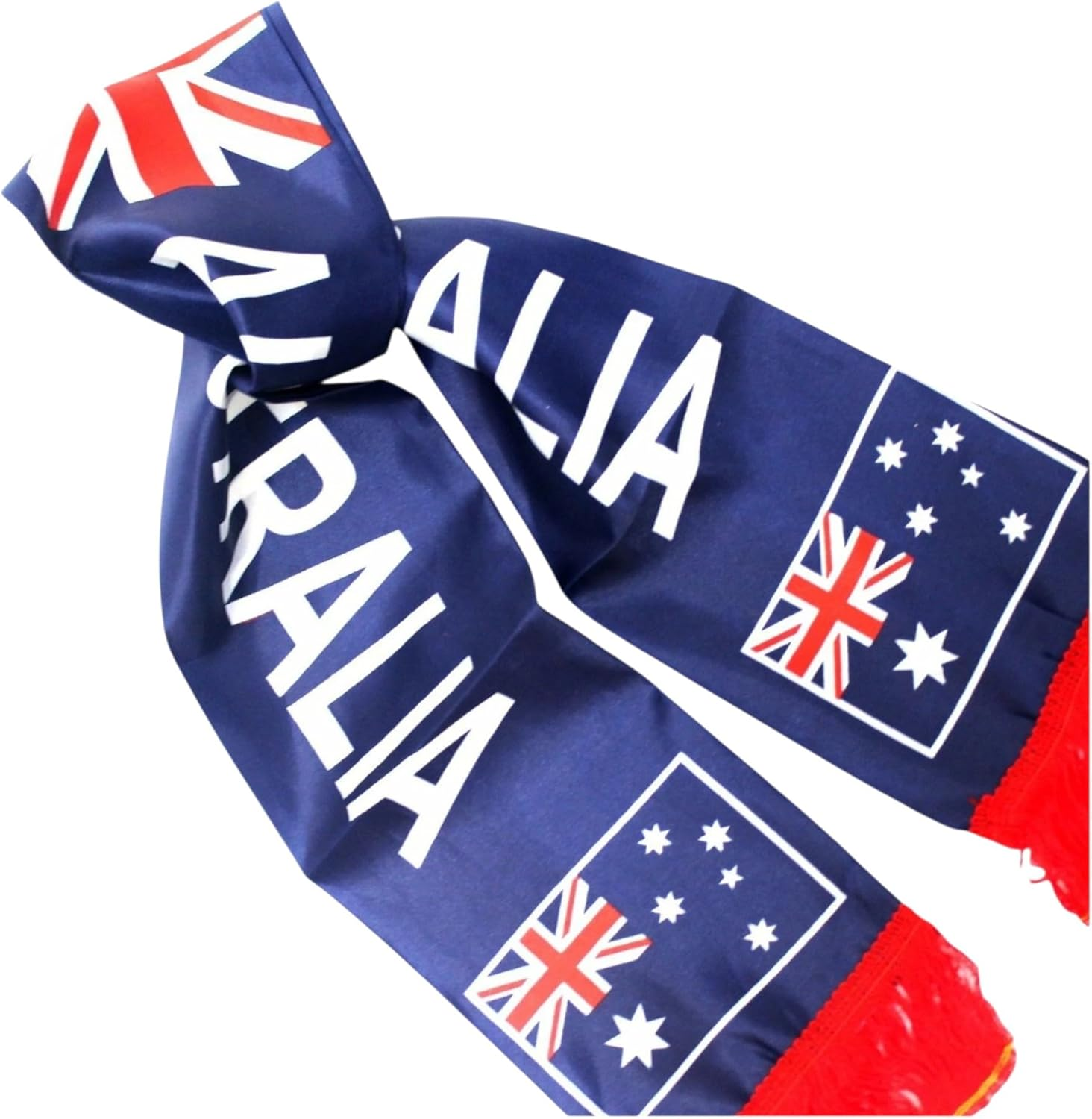 Australian Flag Scarf with Red Fringe &ndash; Blue Satin Australia Day Costume Accessory with Printed Flag and Text &ndash; Available in 1, 3, 5 or 10 Pack Sets for Events or Parties image number 3