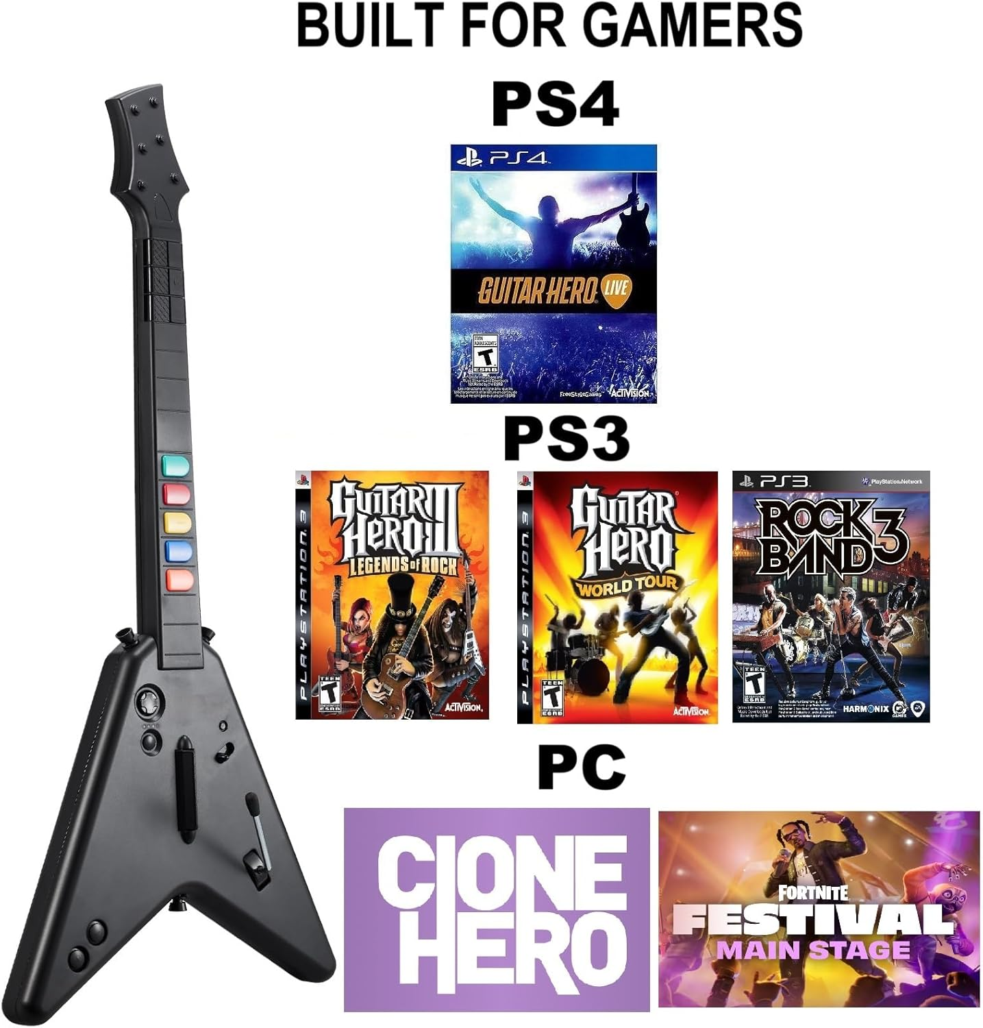 NBCP Wireless Guitar Controller for Playstation 4, Pc,Ps4/Ps3,Clone Hero,  Festival,Compatible with Guitar Hero & Rock,Plug-And-Play USB Receiver image number 4