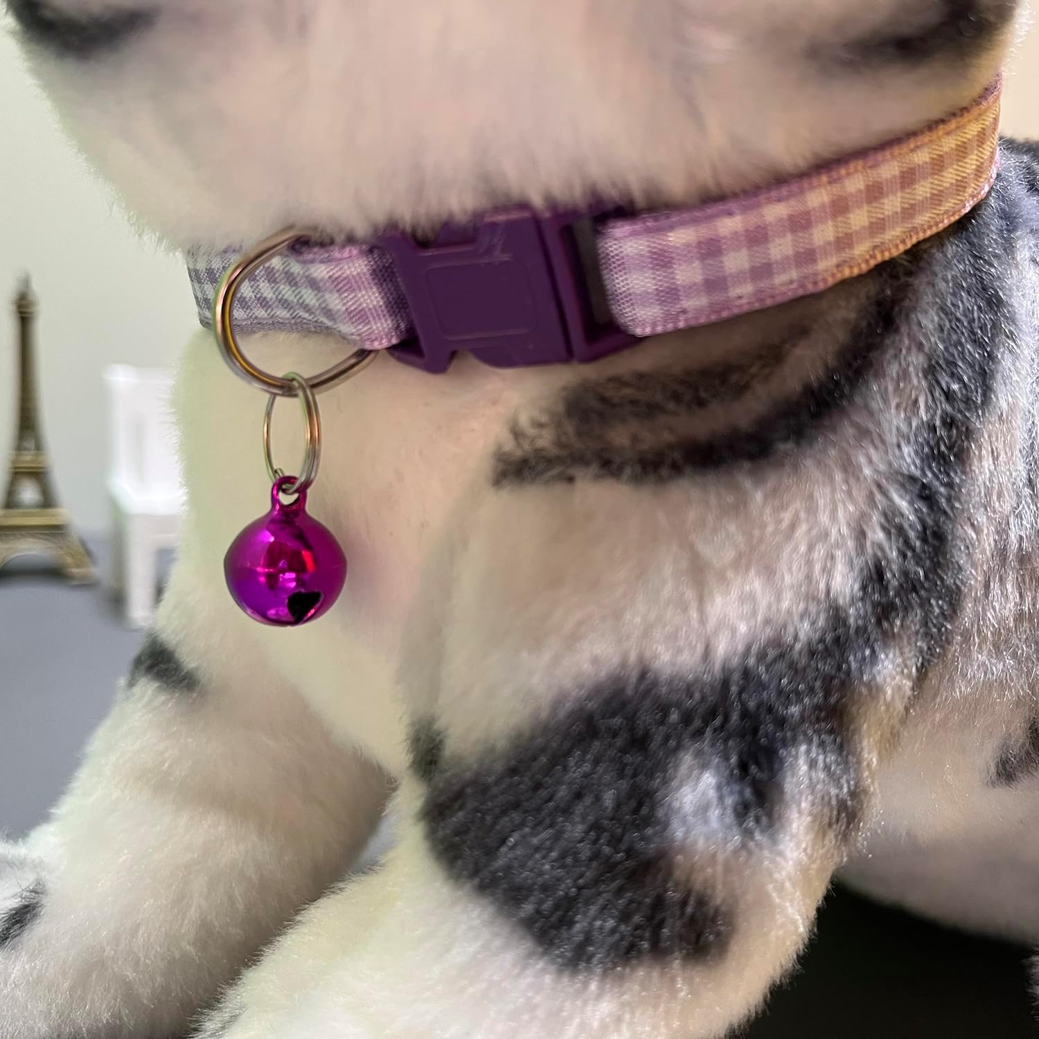 2 Pieces Plaid Cat Collar with Bells for Cat - Pinkpurple image number 5