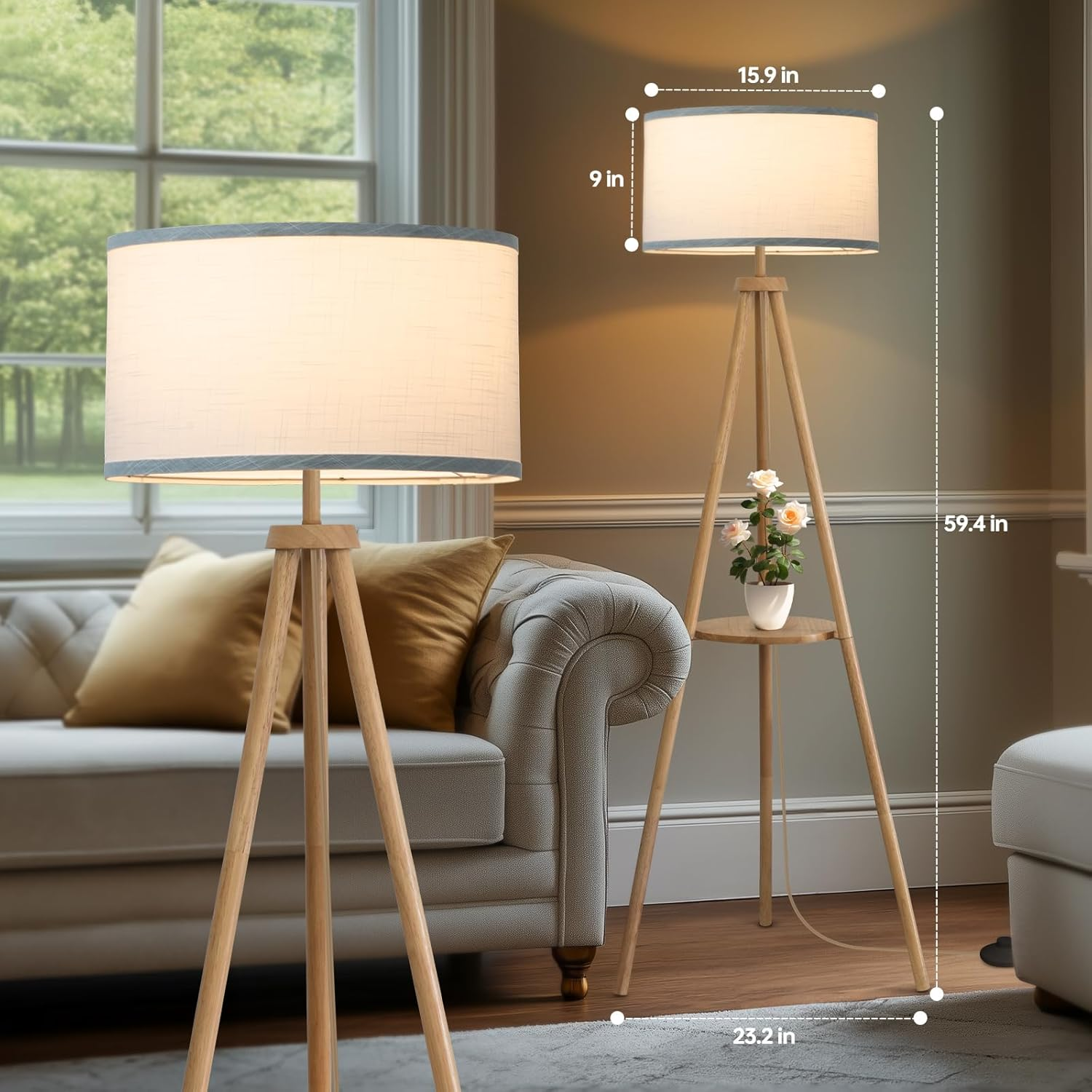 EOEYYOYB Floor Lamp with 3 Light Modes Adjustable&ndash; Wood Tripod Standing Lamp Modern LED Corner Light Lamp with Dimmable Brightness, Perfect for Living Room, Bedroom, and Office, Burlywood - Burlywood image number 6