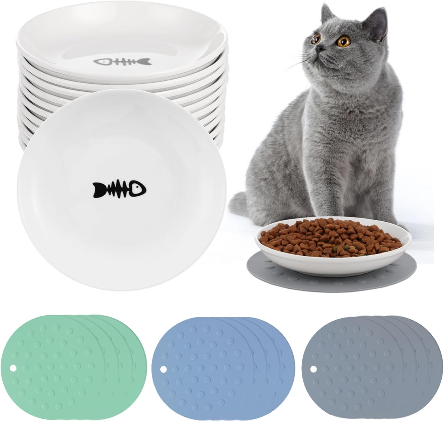 Dorakitten Ceramic Cat Food Plates for Wet Food, Wide Bowls to Stress Relief of Whisker Fatigue Cat Dishes, Shallow Bowls for Kittens and Small Animals with Non-Slip Mat