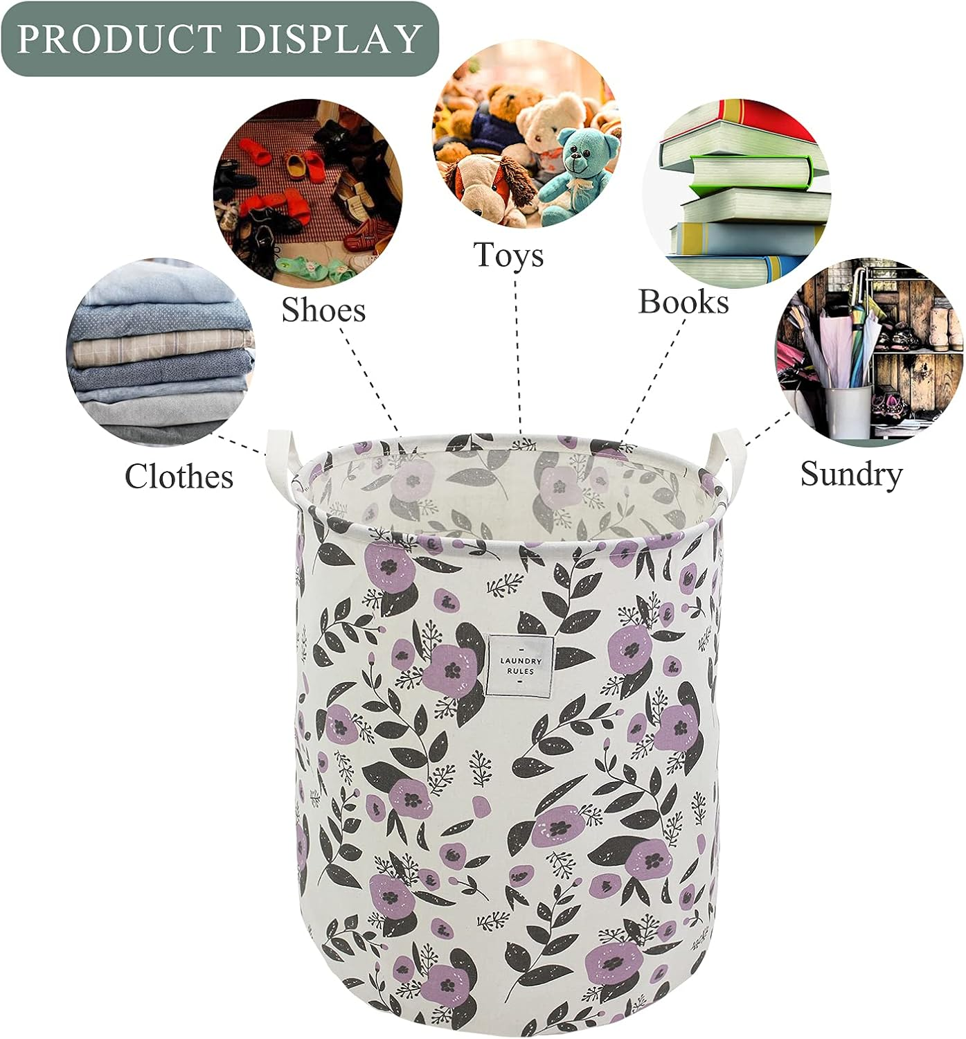 Mziart Collapsible Laundry Basket, Floral Printing Large Laundry Hamper for Baby Girls Kids Toys Clothes Organizer Foldable Storage Bin Waterproof Canvas Nursery Storage Basket with Handles (Purple) - Purple image number 6